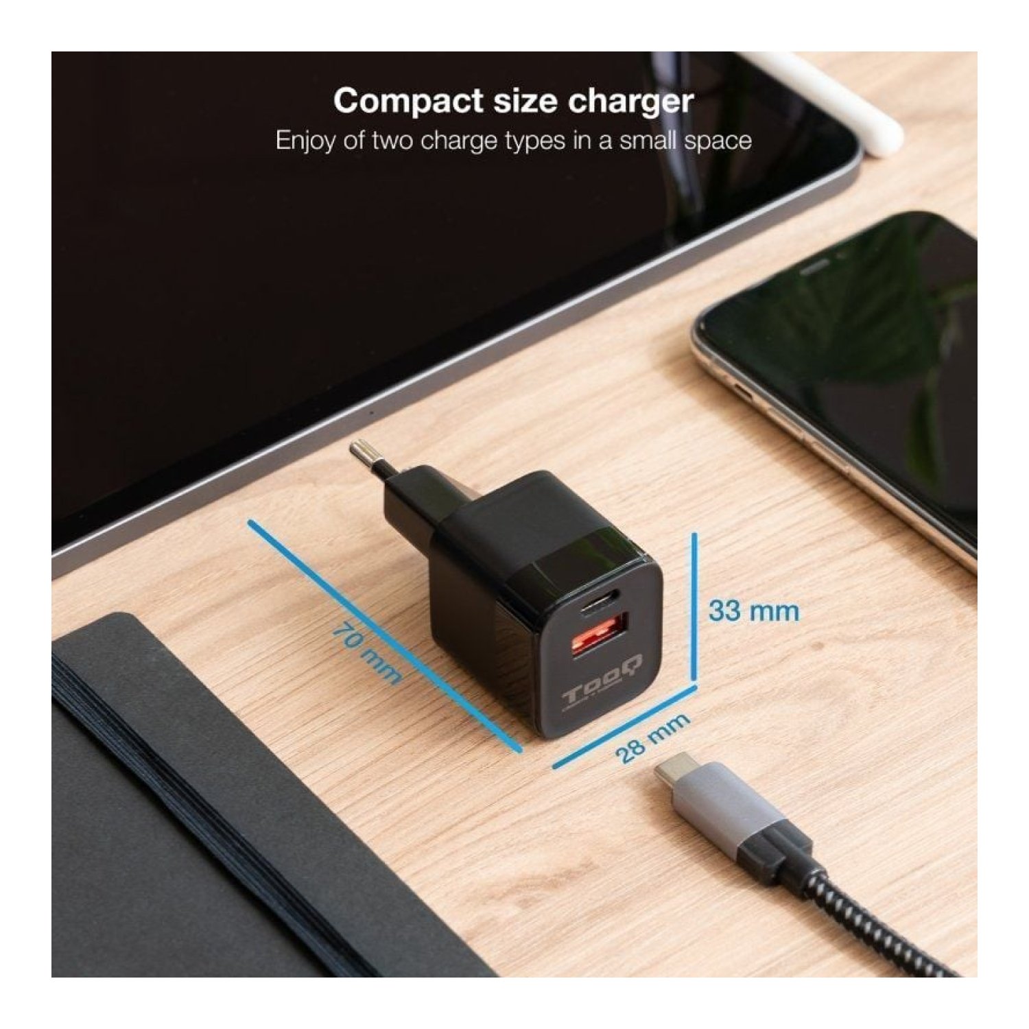 TooQ Cargador Pared · 20W · USB Tipo-C + USB