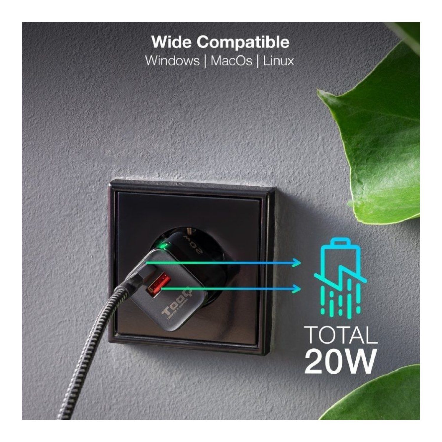 TooQ Cargador Pared · 20W · USB Tipo-C + USB