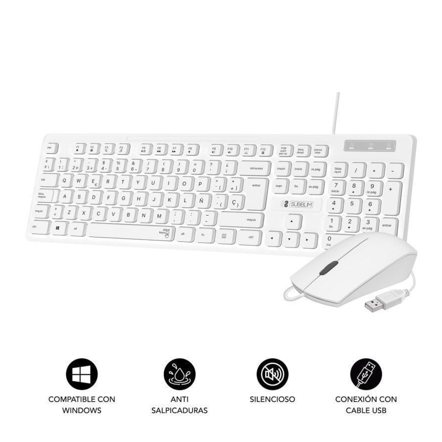 Subblim Combo Business Slim · Teclado + Ratón · Silencioso · Blanco