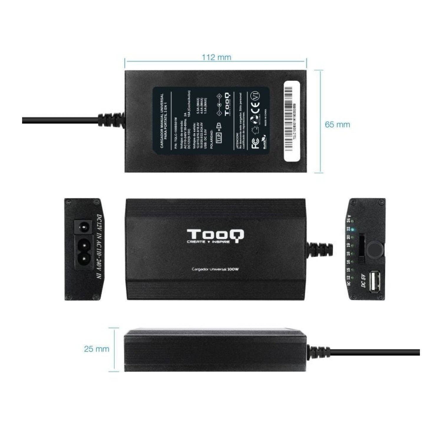 TooQ Cargador Portátil · 100W · USB · 12 Conectores · 12-24V