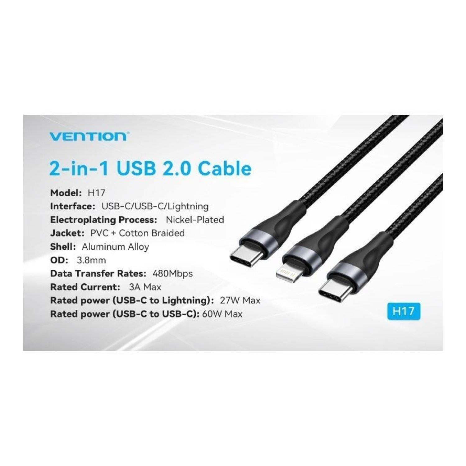 Vention · Cable USB Tipo-C a Lightning · 60W · 480Mbps · 1,2m · Negro
