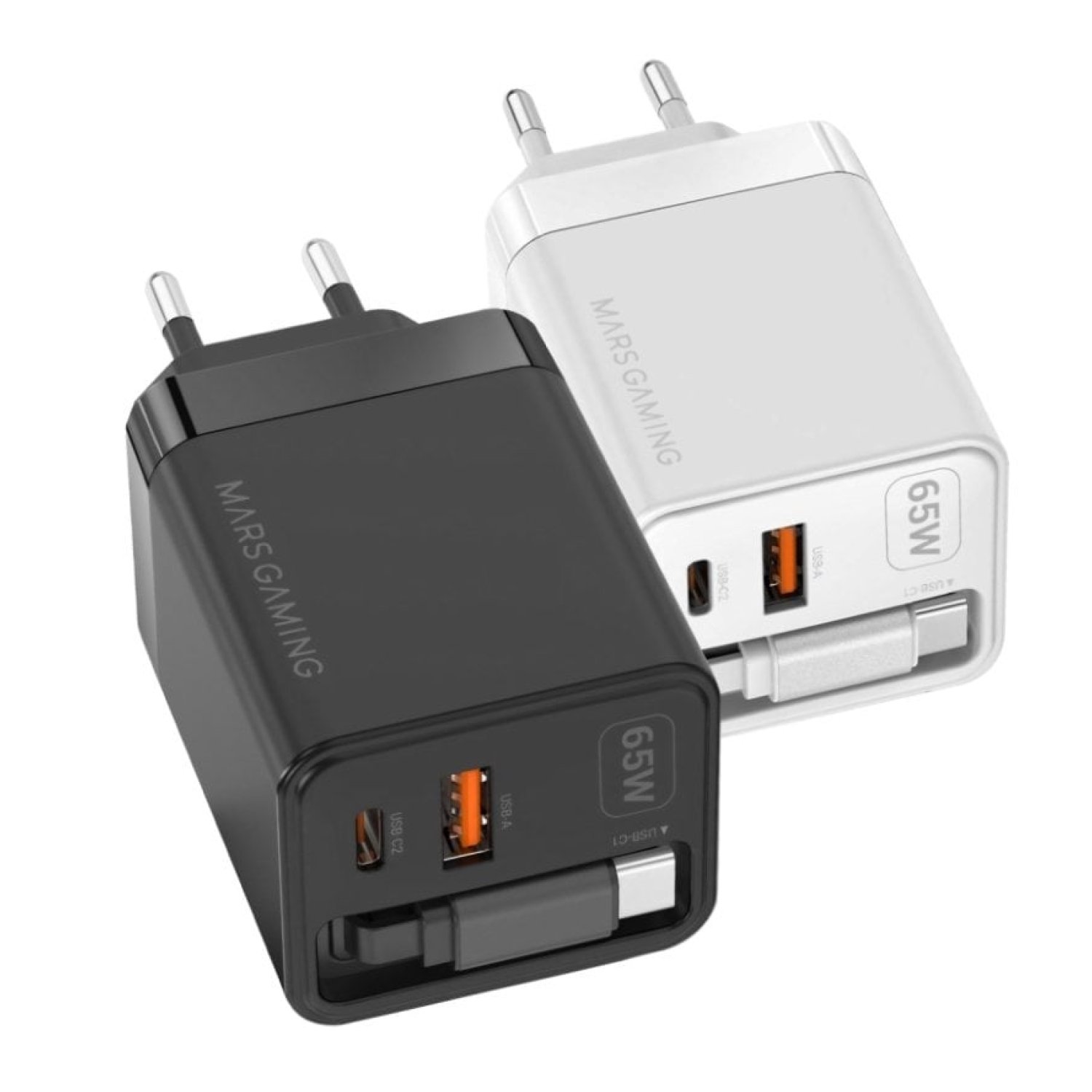Mars Gaming MD-GAN65R · Cargador GaN 65W · USB-C + USB · Negro