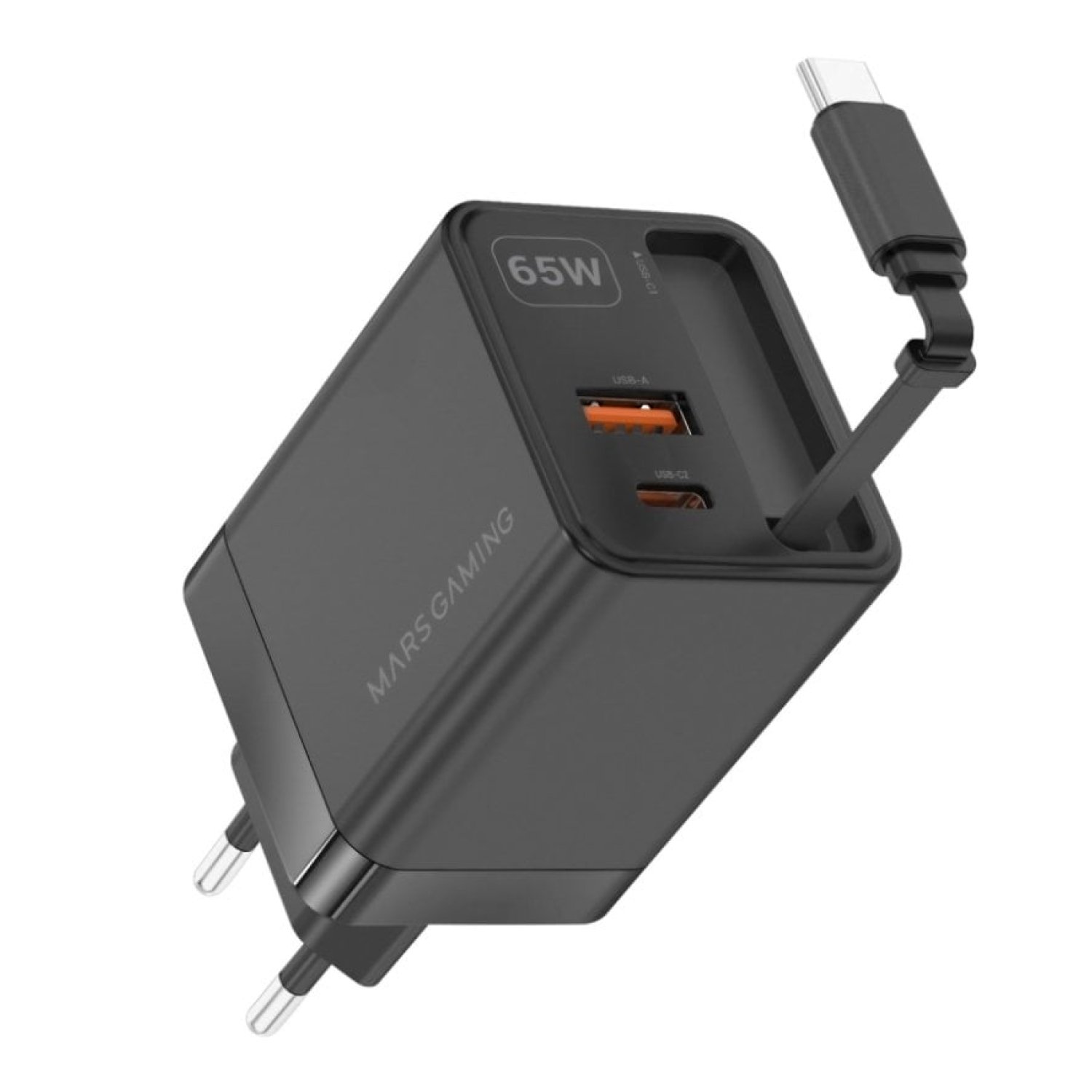 Mars Gaming MD-GAN65R · Cargador GaN 65W · USB-C + USB · Negro