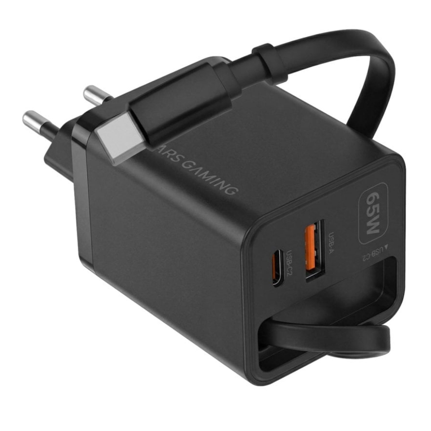 Mars Gaming MD-GAN65R · Cargador GaN 65W · USB-C + USB · Negro