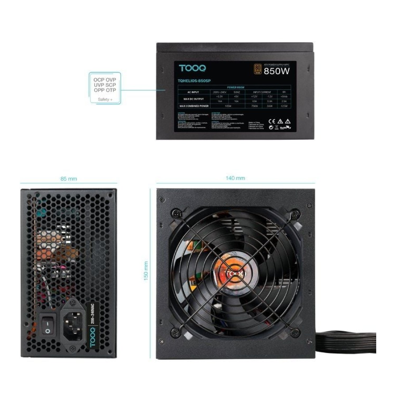 TooQ Tqhelios-850SP · 850W · 80 Plus Bronze · Ventilador 12cm