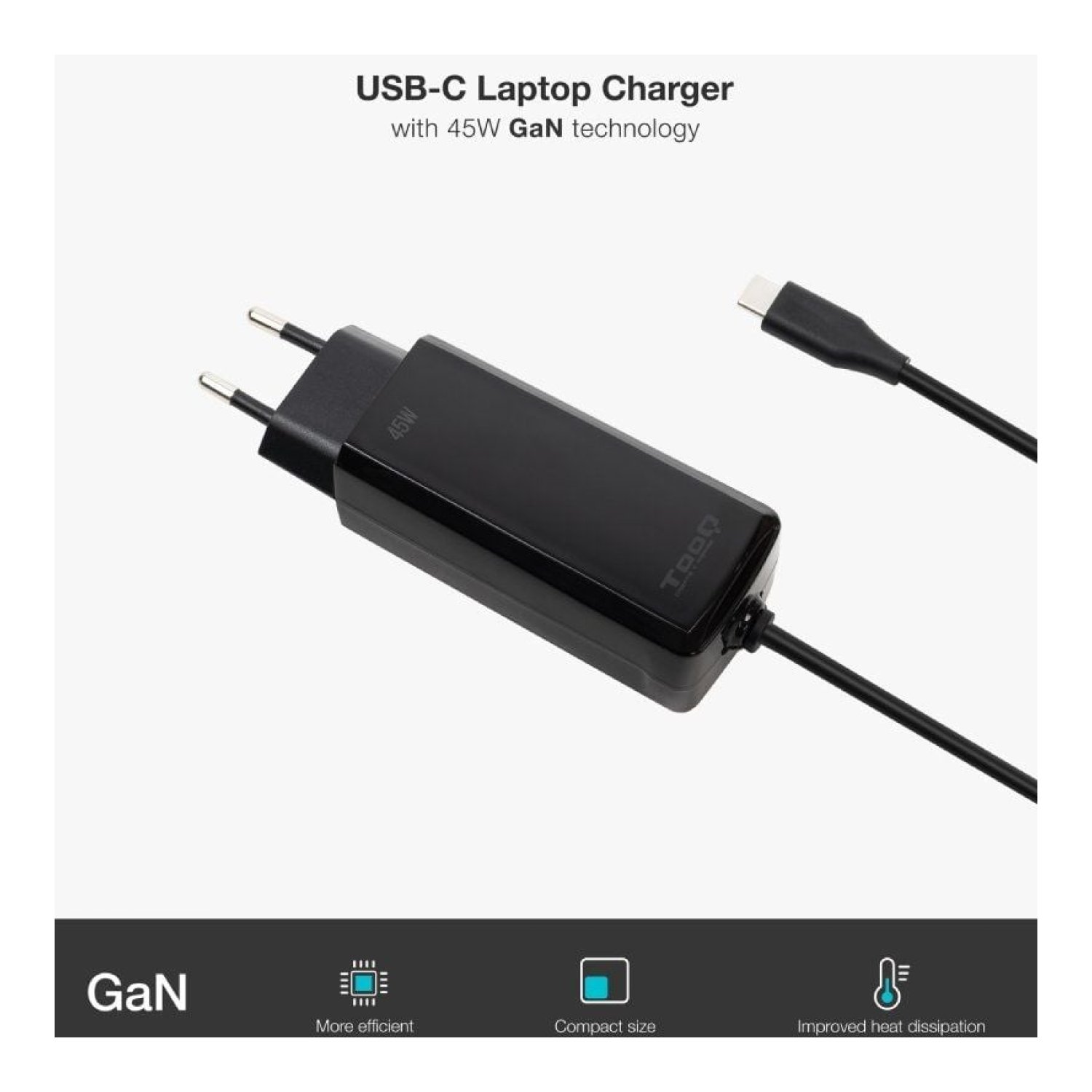 TooQ Cargador GaN · USB-C · 45W · 5-20V · Carga Rápida Automática