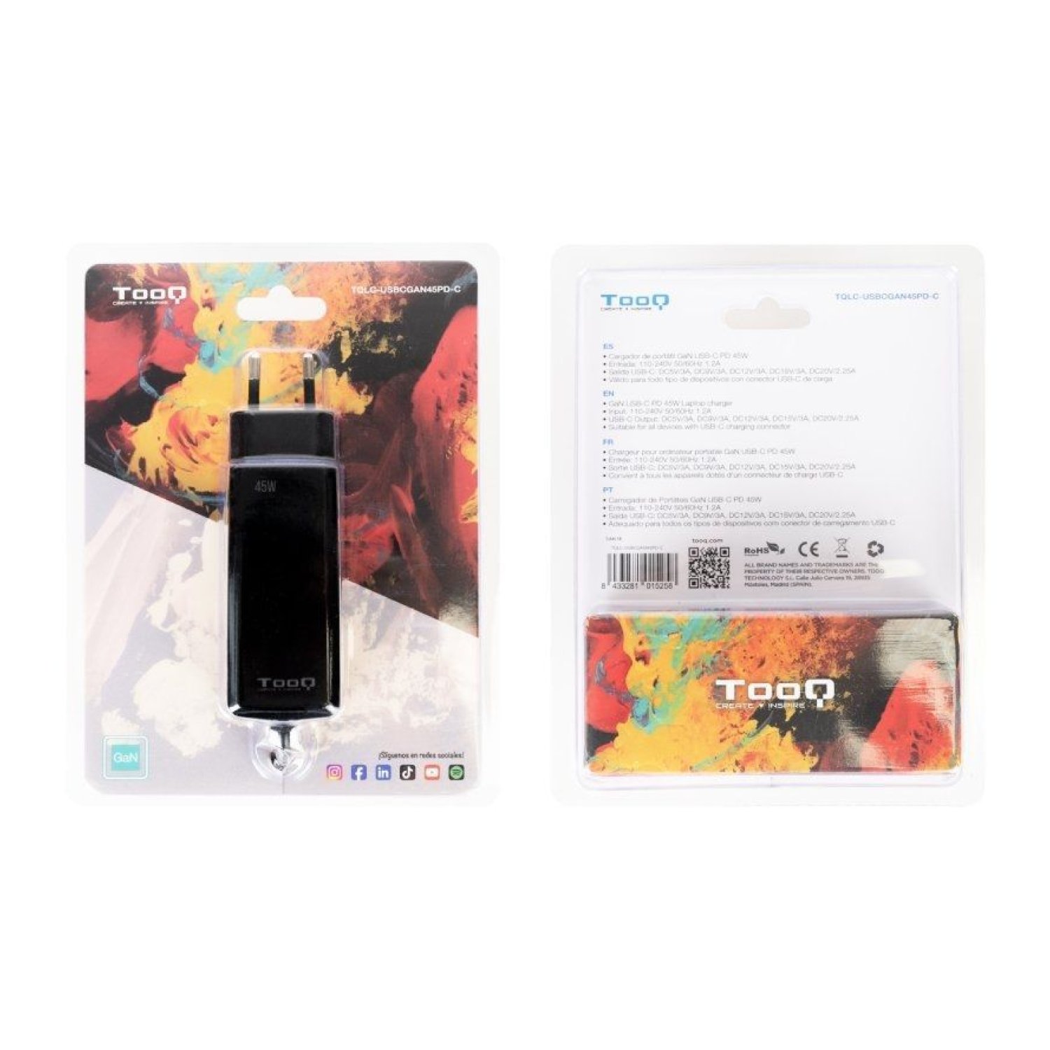 TooQ Cargador GaN · USB-C · 45W · 5-20V · Carga Rápida Automática