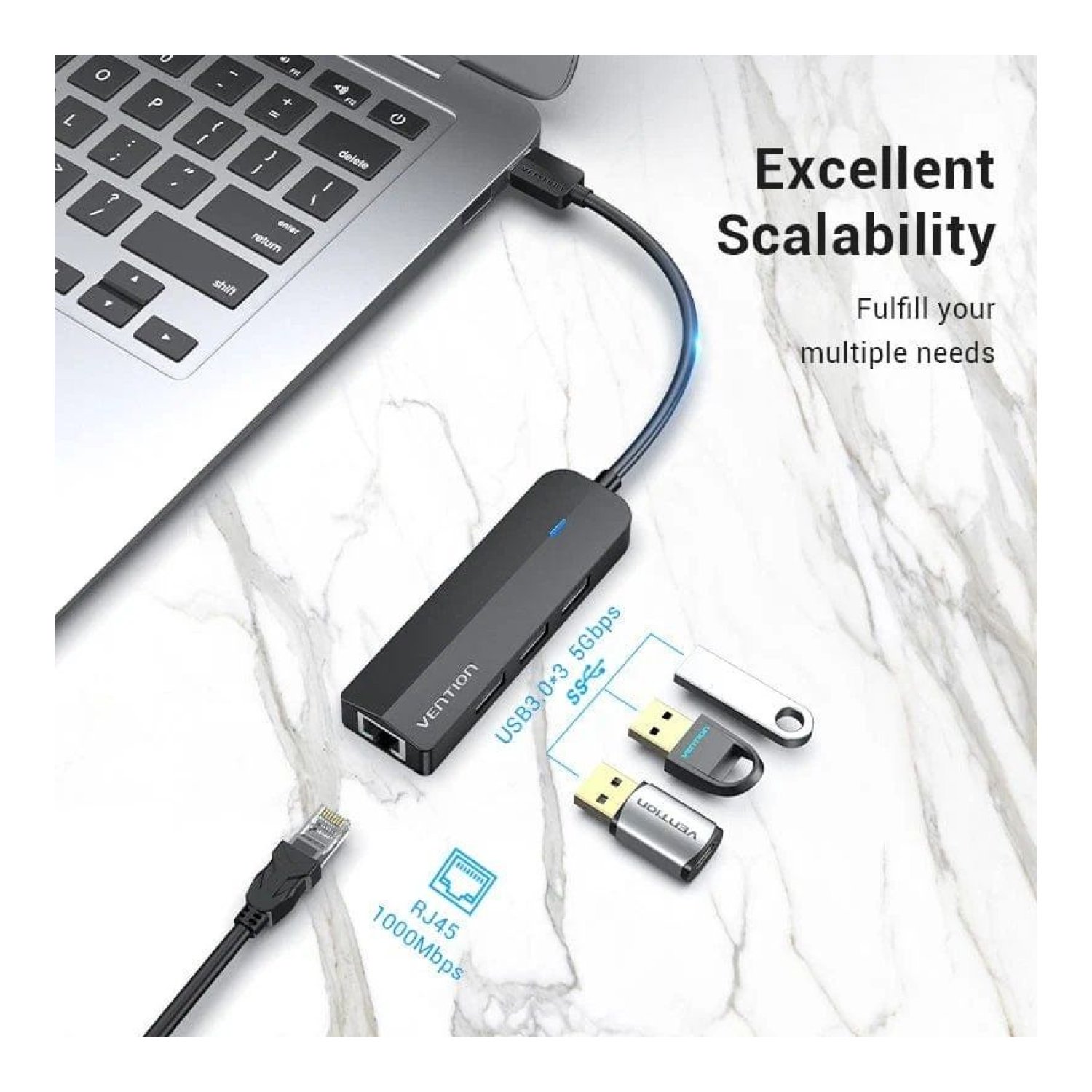 Vention Hub USB 3.0 · RJ45 · 3xUSB · 1xMicro USB PD