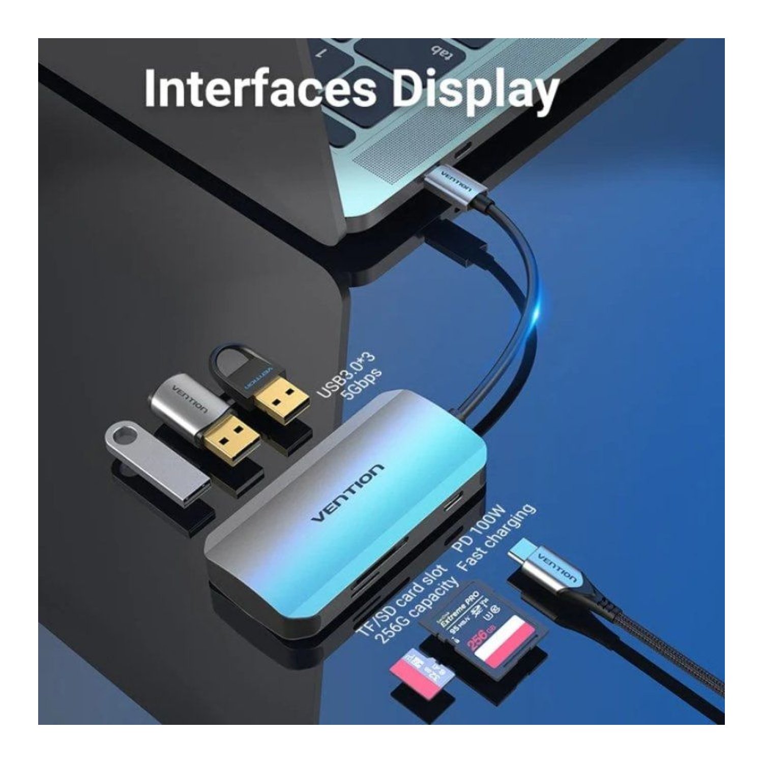 Vention Docking USB Tipo-C · 3xUSB · PD · Lector SD/MicroSD · Gris