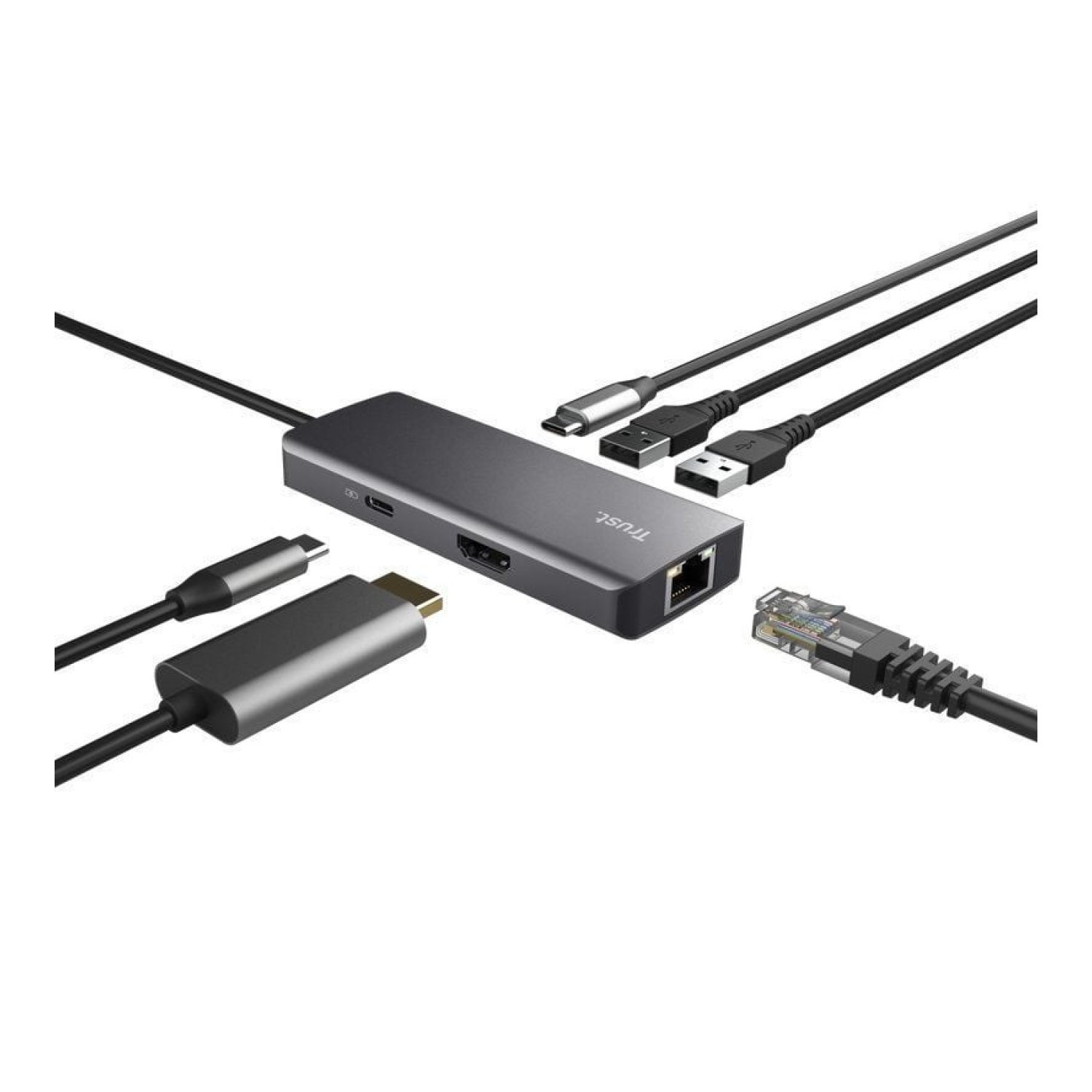 Trust Dalyx · Docking USB-C · 2xUSB · 2xUSB-C · HDMI 4K · RJ45 · Gris