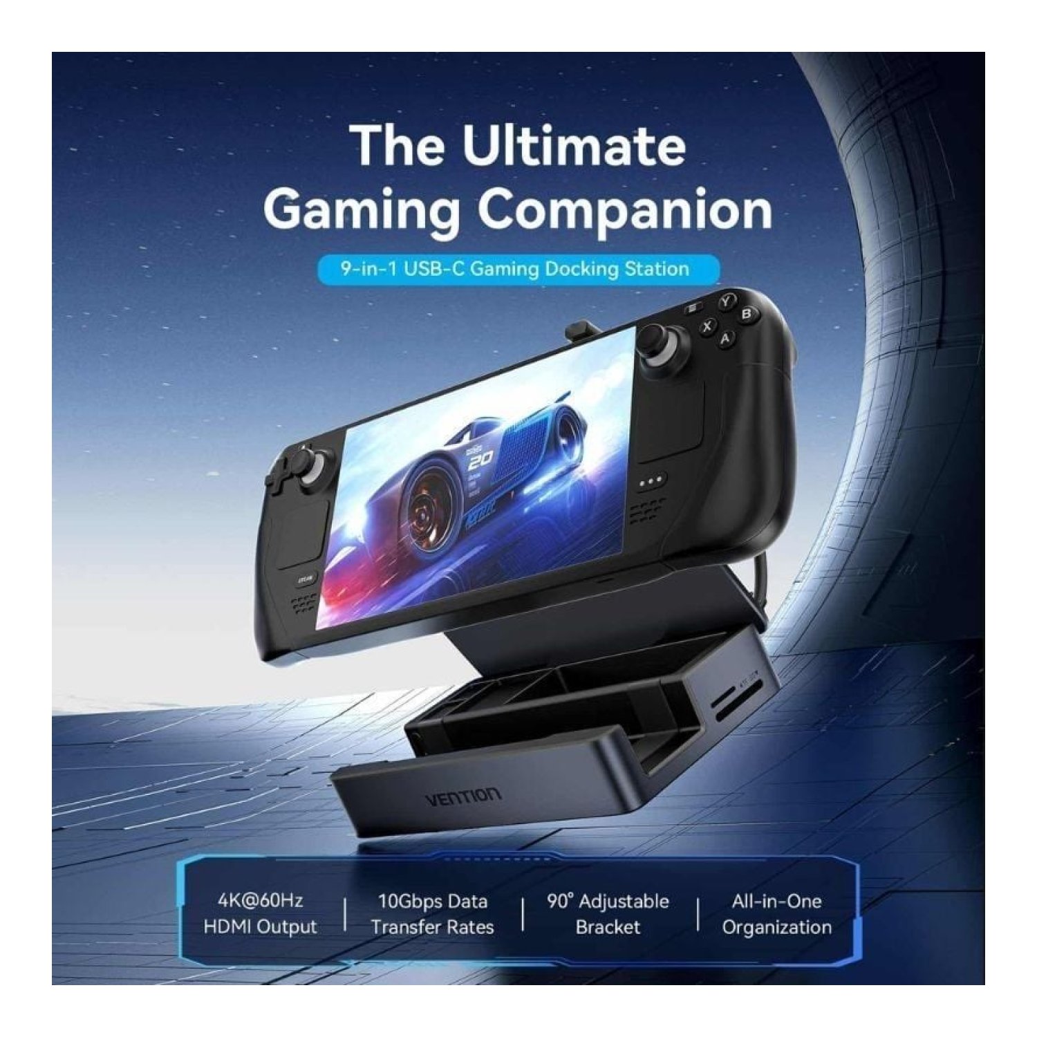 Vention Docking USB-C · Steam Deck/Switch · 2xHDMI 4K · 3xUSB · Lector Tarjetas · Gris