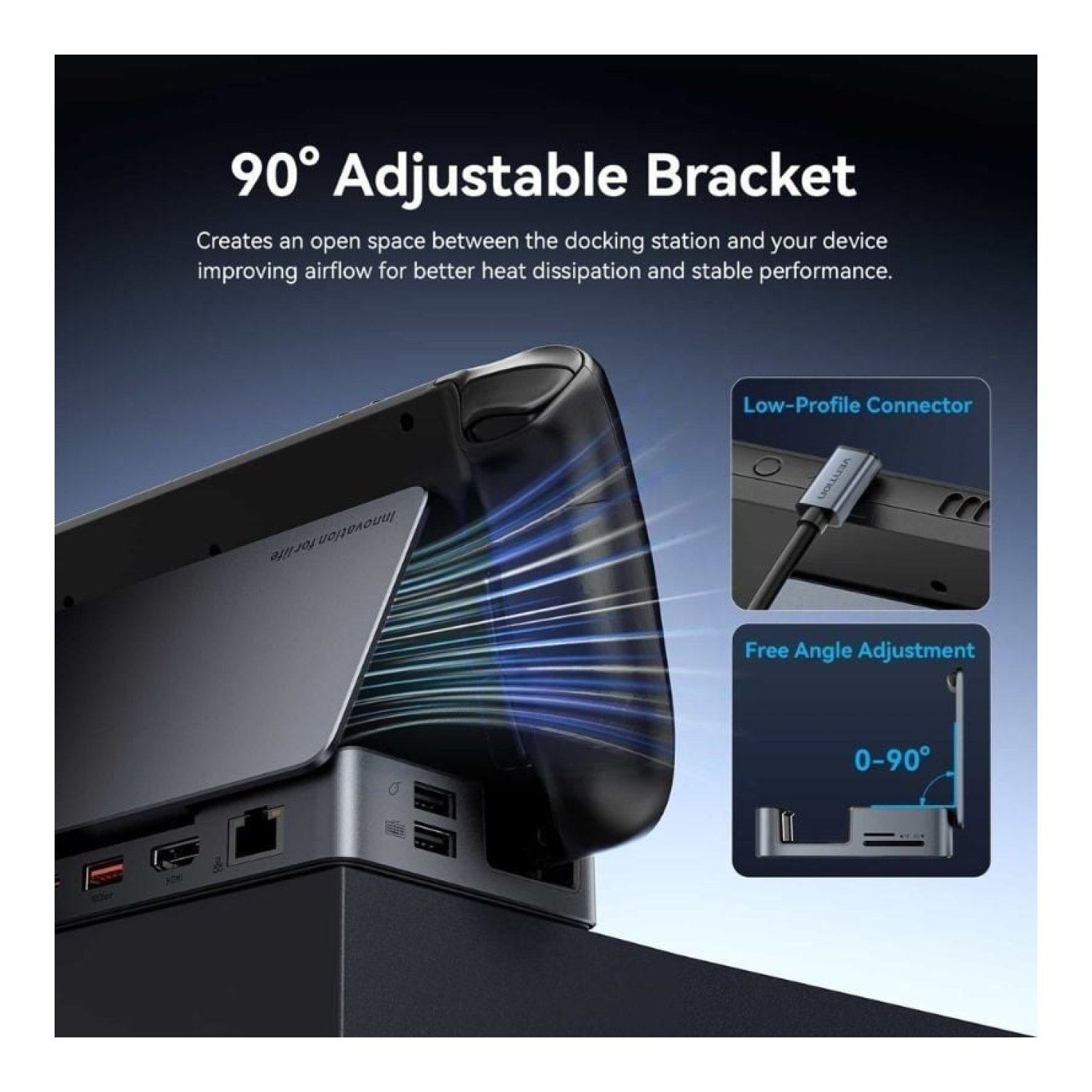 Vention Docking USB-C · Steam Deck/Switch · 2xHDMI 4K · 3xUSB · Lector Tarjetas · Gris