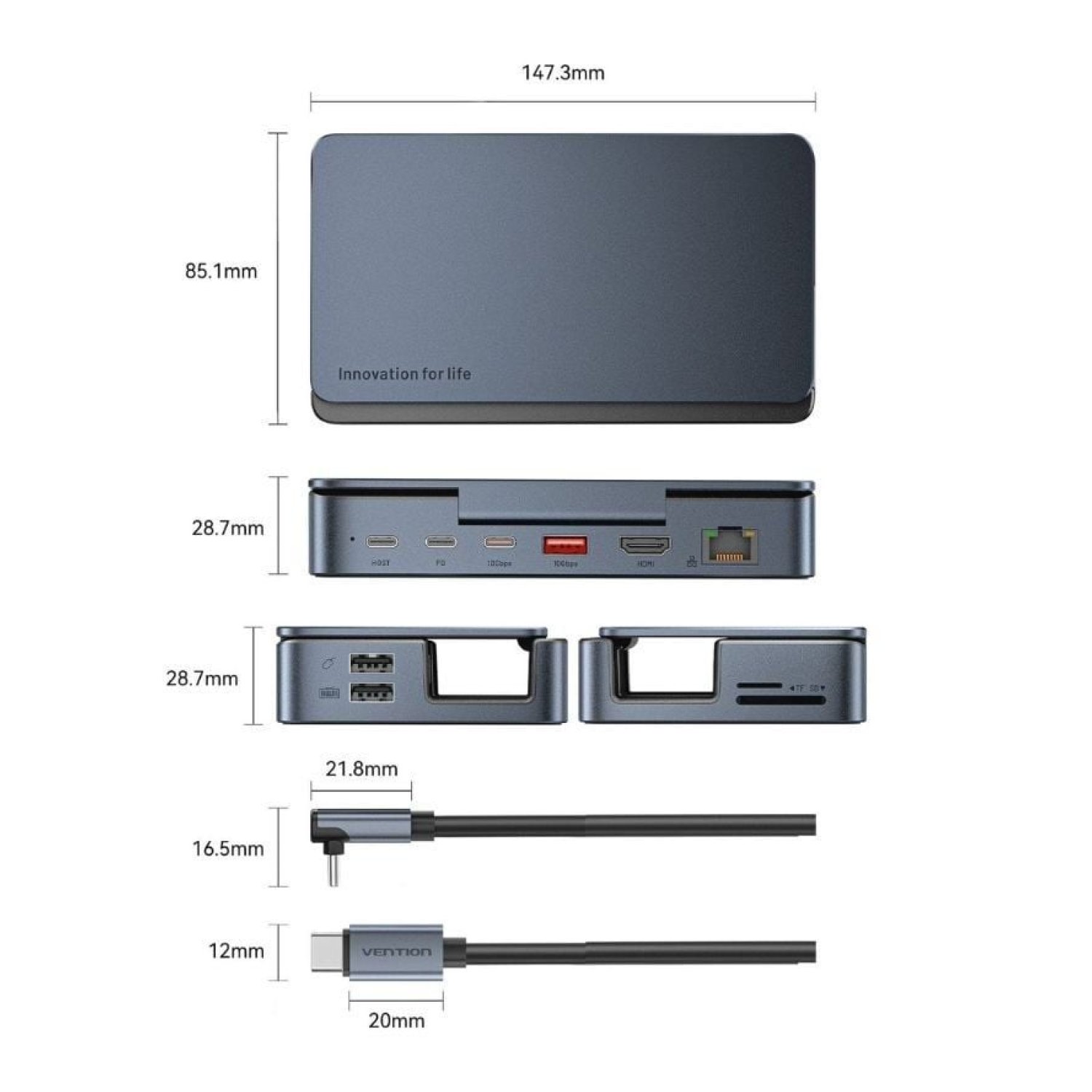 Vention Docking USB-C · Steam Deck/Switch · 2xHDMI 4K · 3xUSB · Lector Tarjetas · Gris