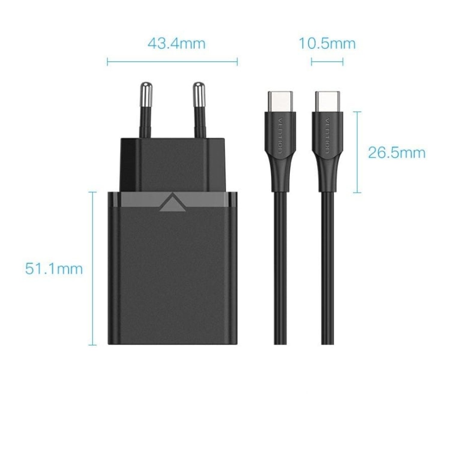 Vention Cargador de Pared · 1xUSB-C + 2xCables USB-C · 25W