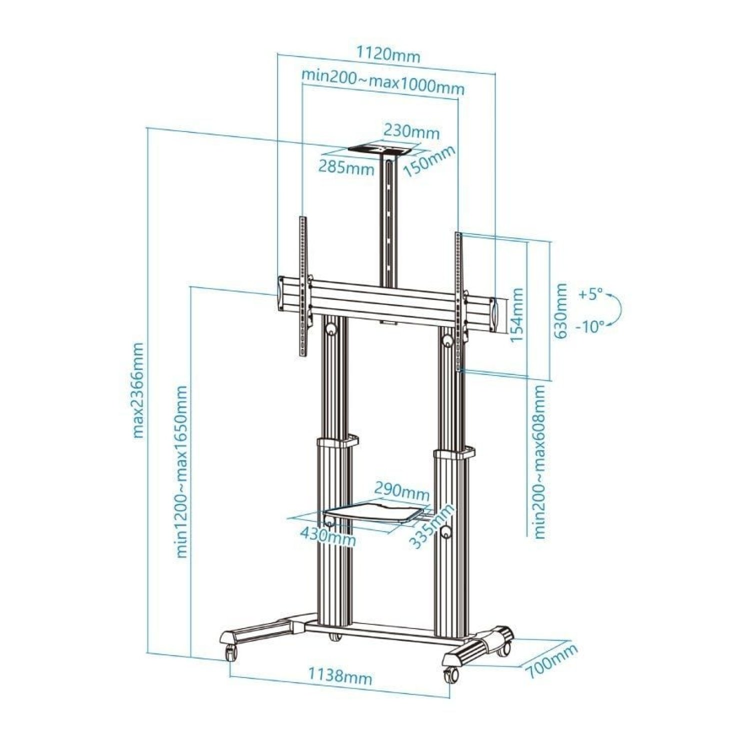 TooQ FS20300M-B · Soporte Suelo TV 60-100" · Inclinable · Ajustable · Hasta 100kg · Con Ruedas