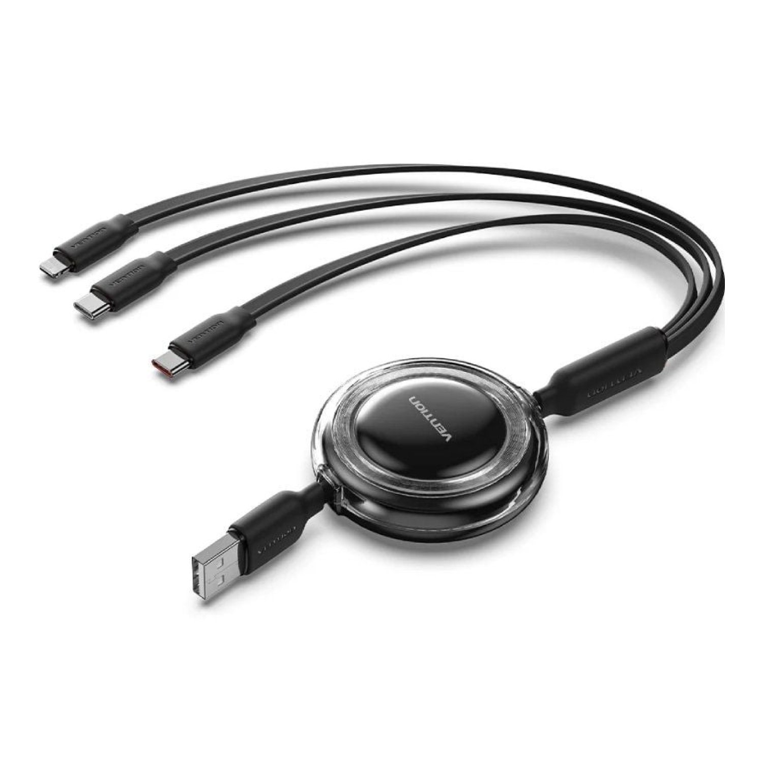 Vention Cable USB Retráctil · 2x USB-C + Lightning · 17,5W · 10Gbps · 1,1m · Negro