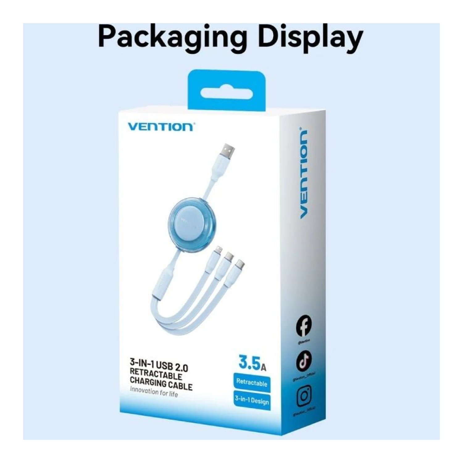 Vention Cable USB Retráctil · 2x USB-C + Lightning · 17,5W · 10Gbps · 1,1m · Negro