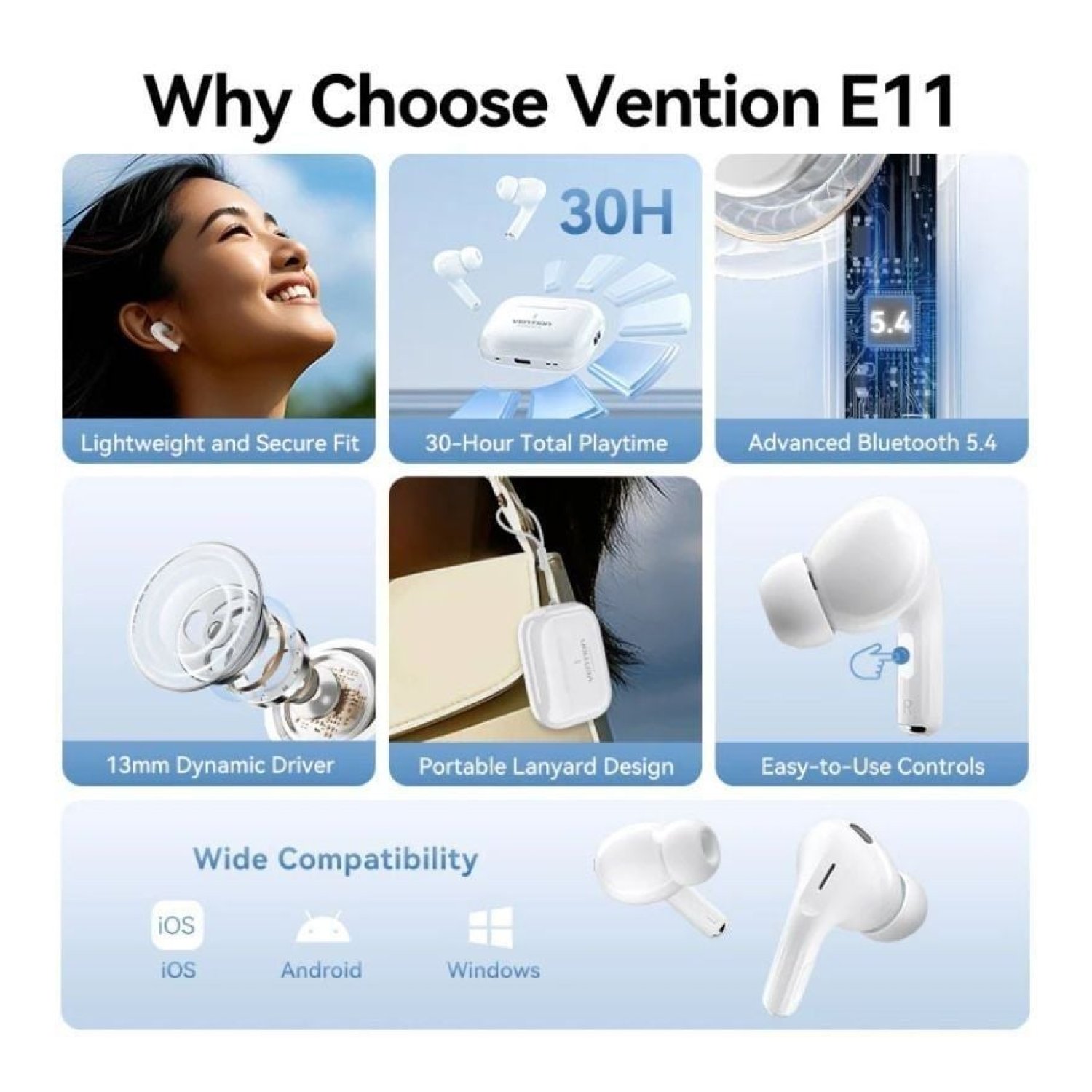 Vention Echo Lite E11 · Auriculares Bluetooth · Autonomía 6h · Con estuche de carga · Blancos
