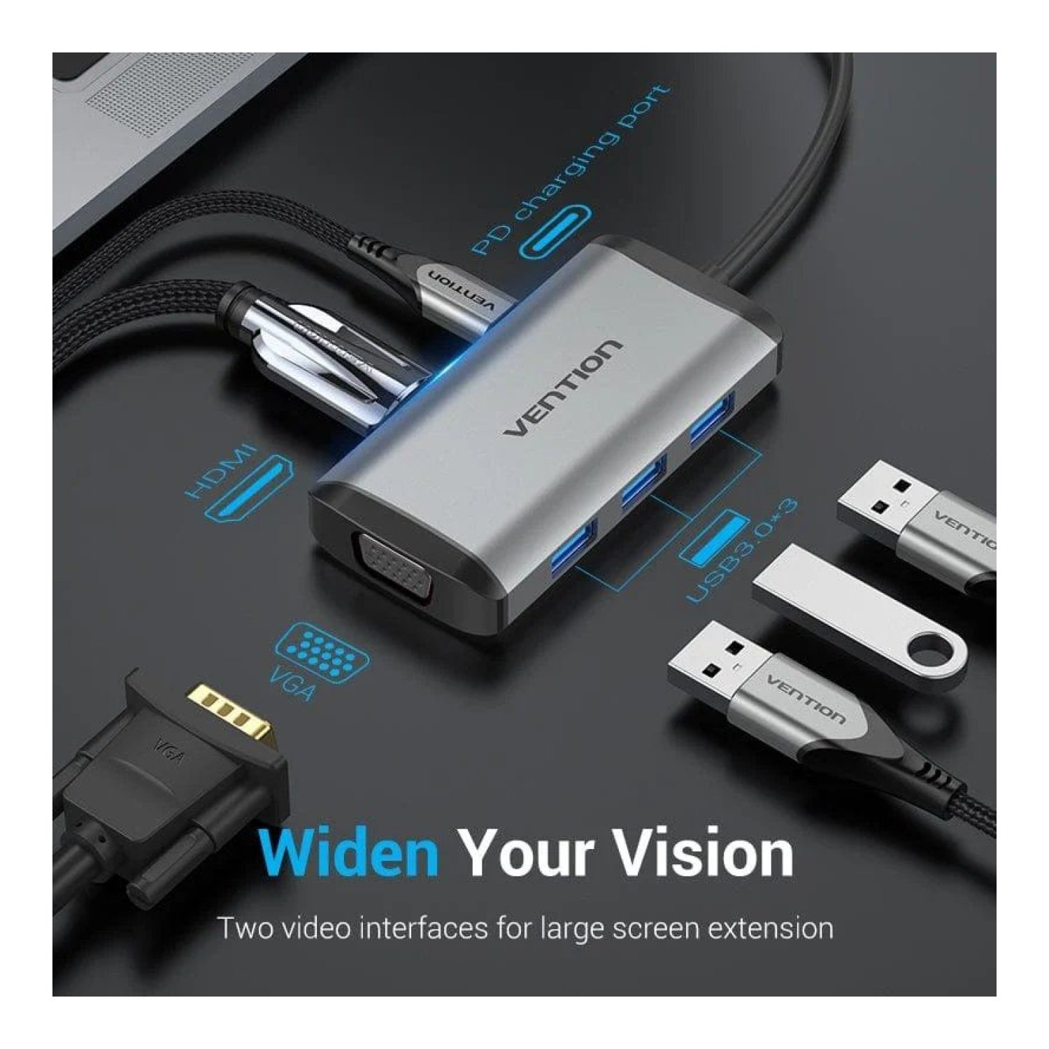 Vention Docking USB-C · 3x USB · HDMI 4K · VGA · USB-C PD · Gris