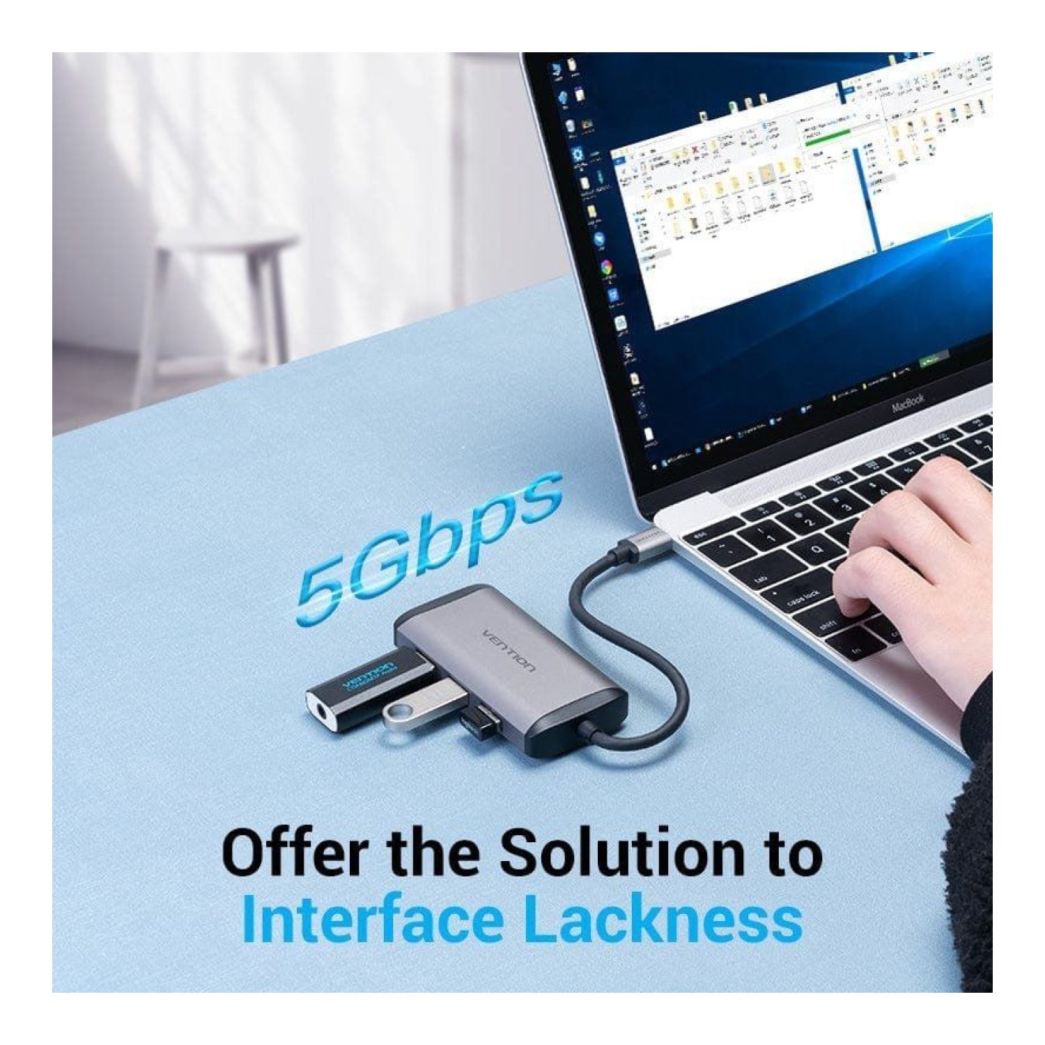 Vention Docking USB-C · 3x USB · HDMI 4K · VGA · USB-C PD · Gris