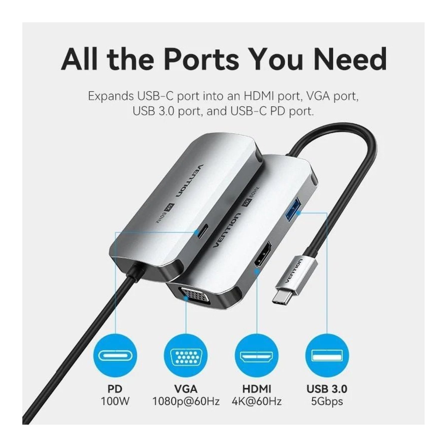 Vention Docking USB Tipo-C · HDMI · VGA · USB · PD · Gris