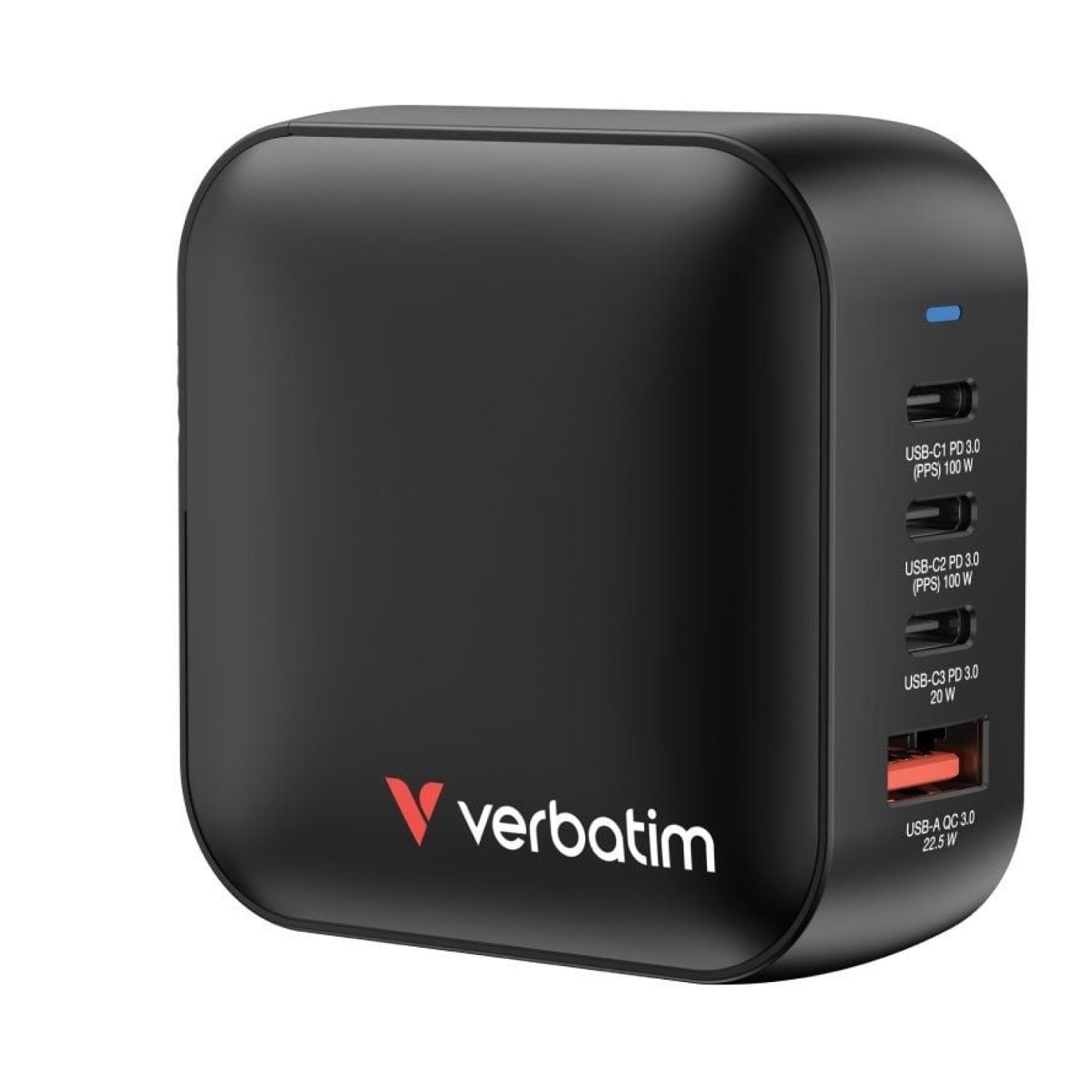 Verbatim Mini GaN Wall Charger · 100W · 3 USB-C + 1 USB · Compacto para viaje