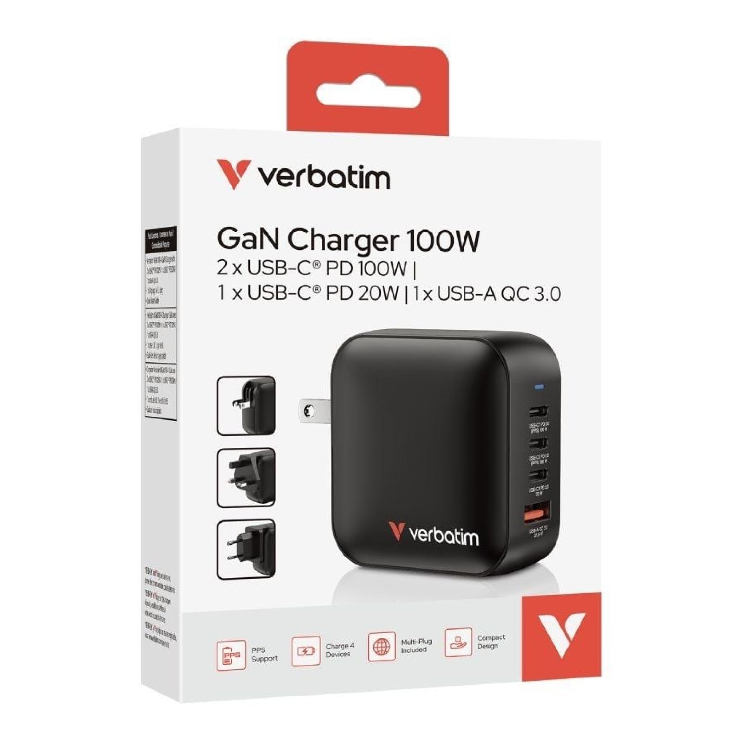 Verbatim Mini GaN Wall Charger · 100W · 3 USB-C + 1 USB · Compacto para viaje