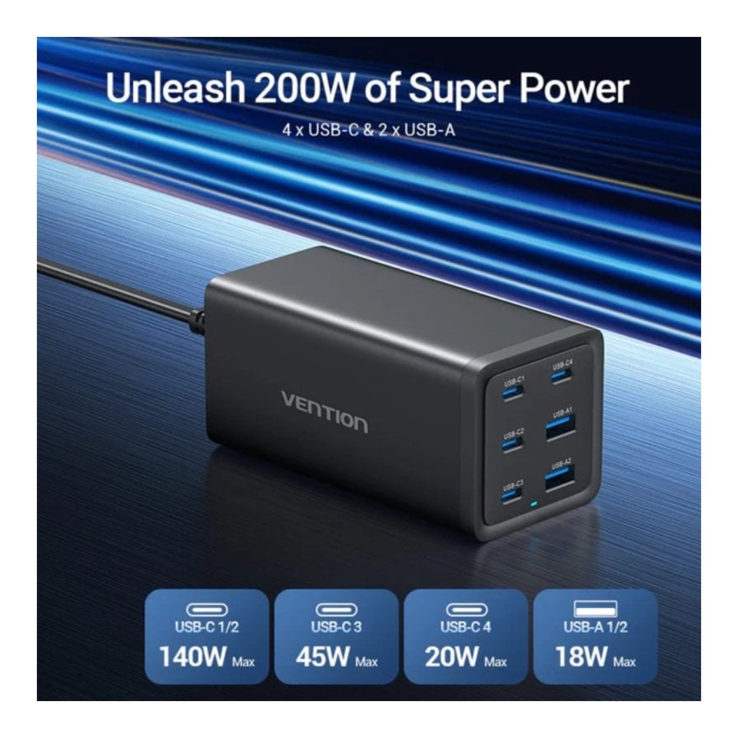 Cargador de Pared Vention FENB0-EU/ 4xUSB Tipo-C/ 2xUSB/ 200W
