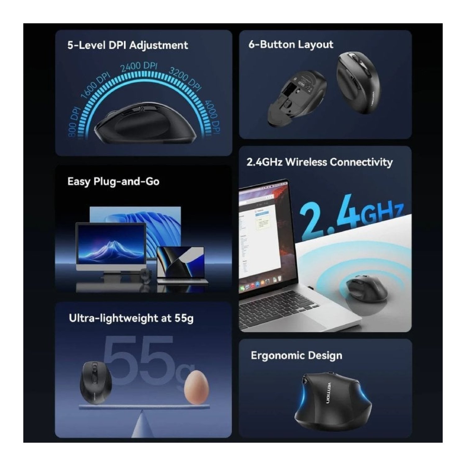 Vention · Ratón Ergonómico Inalámbrico · 4000 DPI