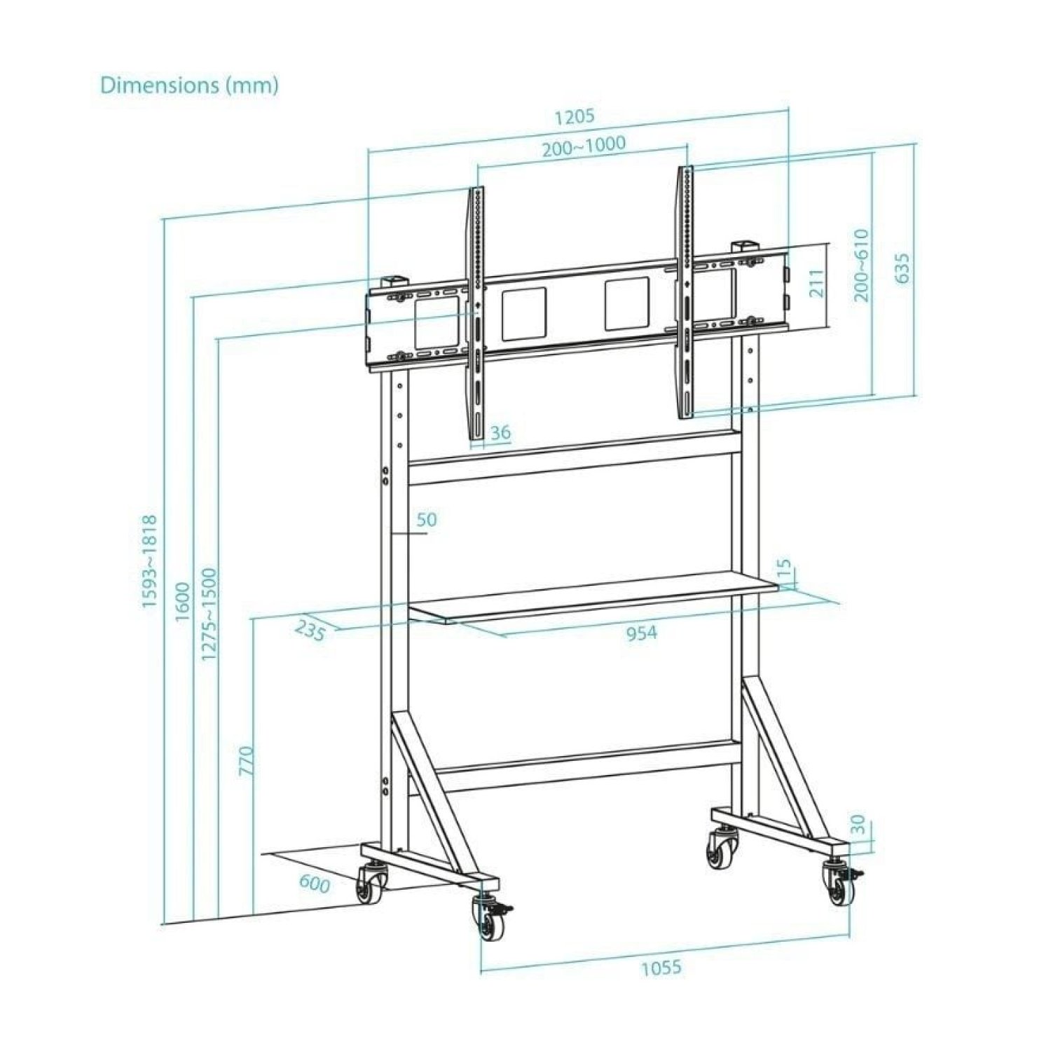 TooQ FS20105M-B · Soporte Suelo Ajustable · 60-105" · Hasta 120kg · Con Ruedas