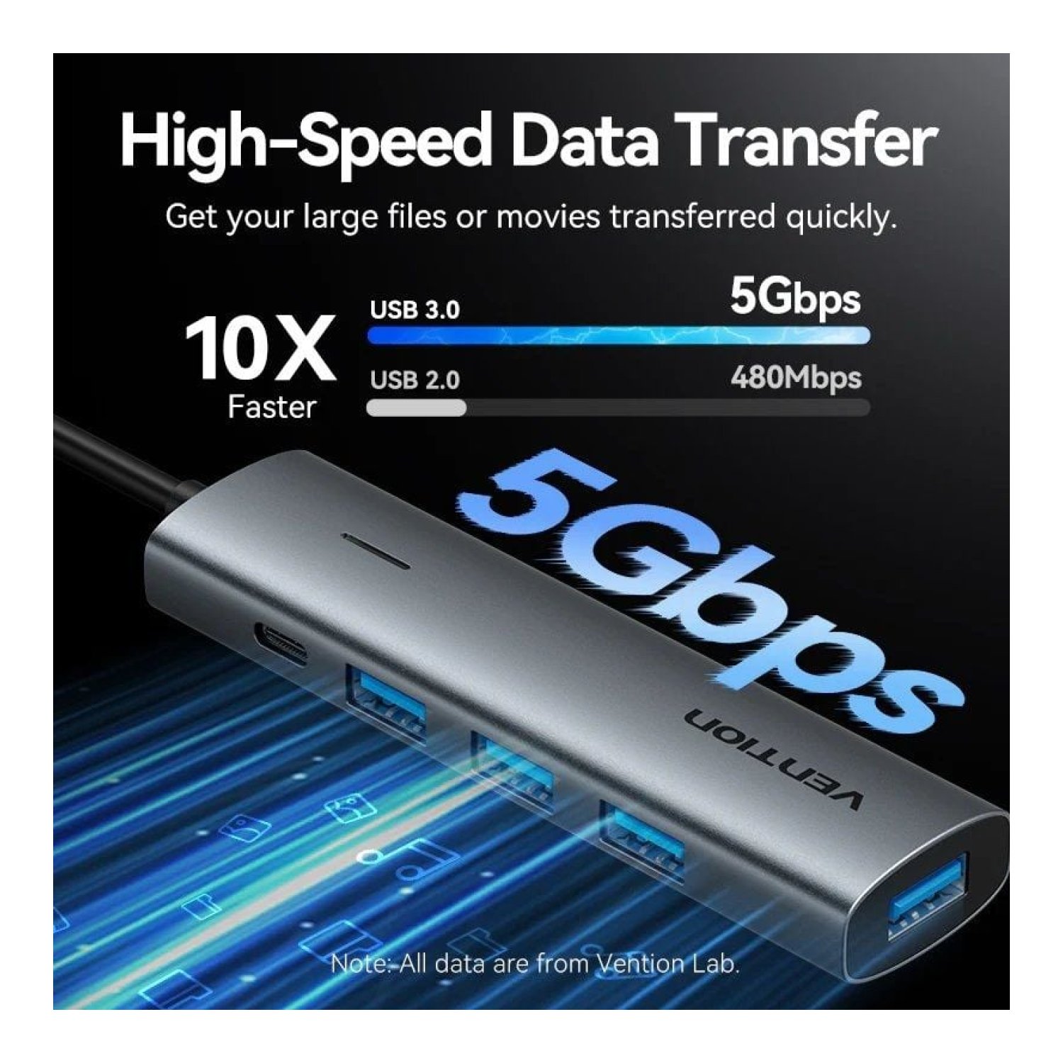 Vention Hub USB Tipo-C 3.0 · 3x USB · 1x USB-C PD · Gris