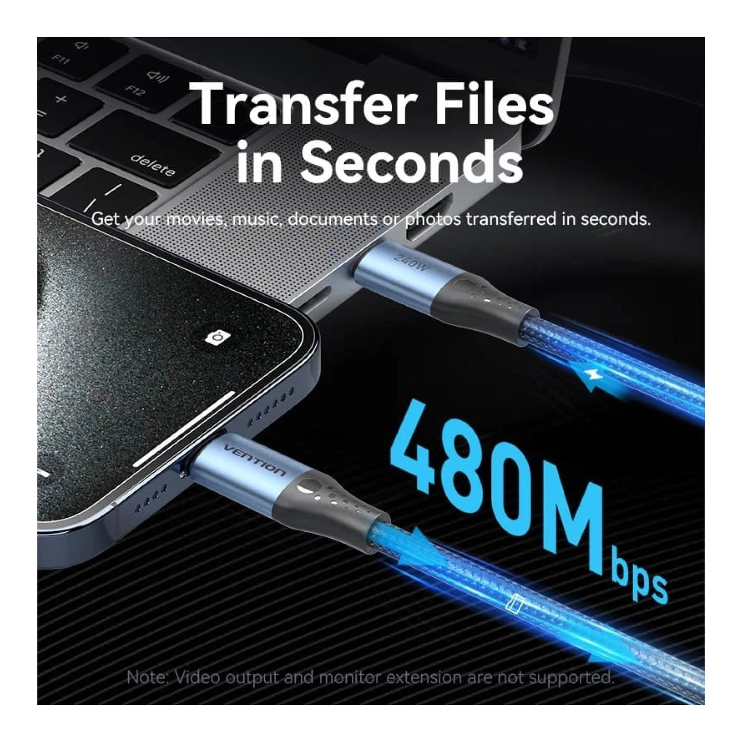 Vention Cable USB-C a USB-C · 5A · 240W · 480Mbps · 50cm · Azul y Negro