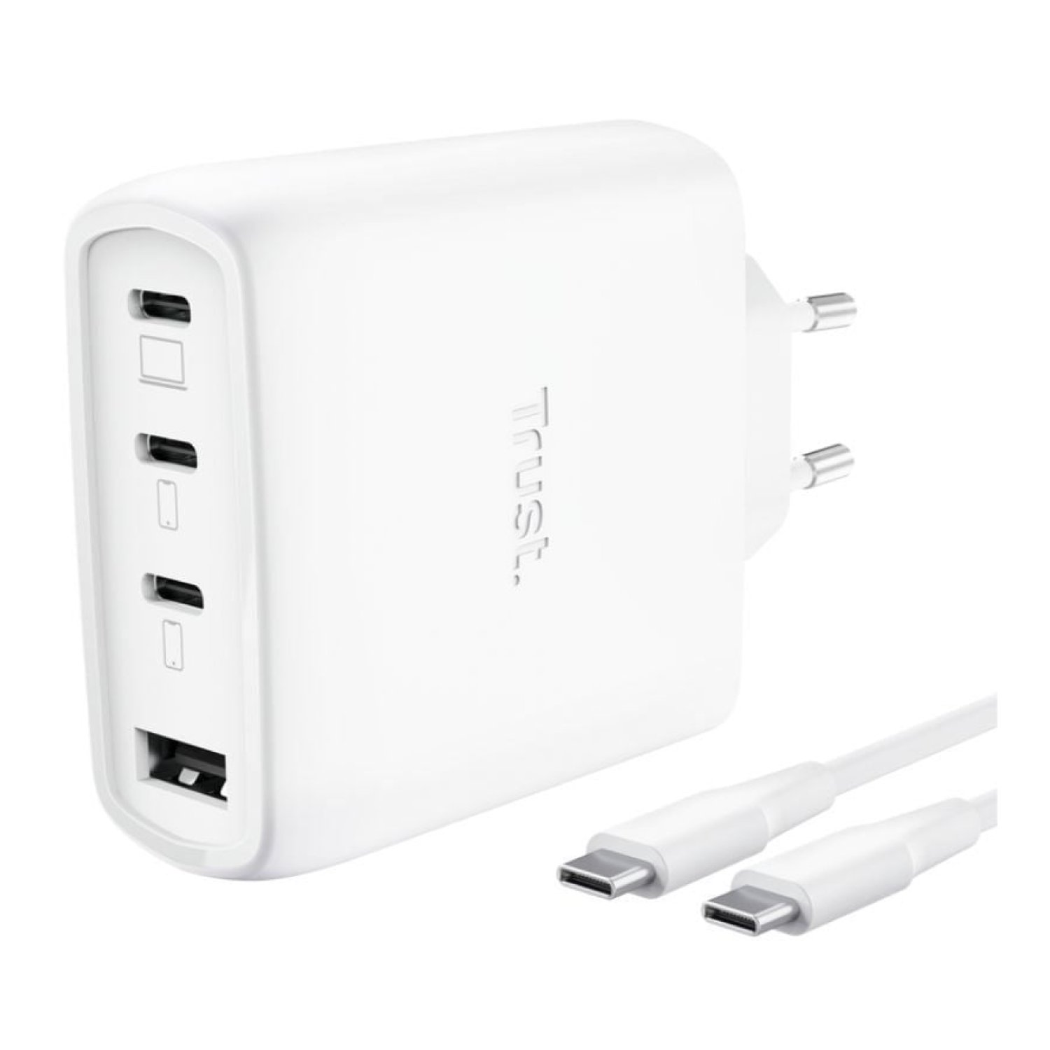 Trust Maxo · Cargador GaN 65W · 3 USB-C + 1 USB · Cable incluido
