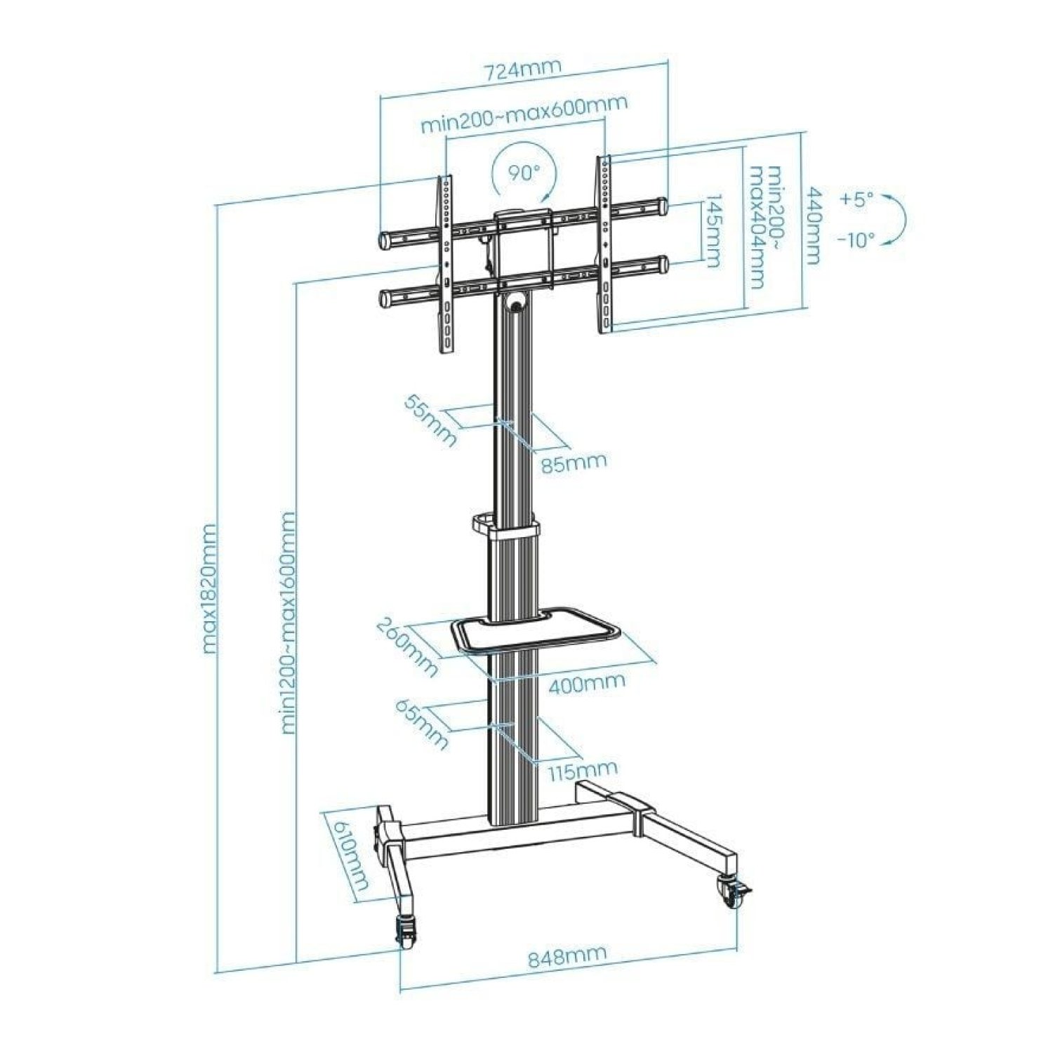 TooQ FS1886M-B · Soporte Suelo TV 37-86" · Inclinable Ajustable · Ruedas · Hasta 50kg