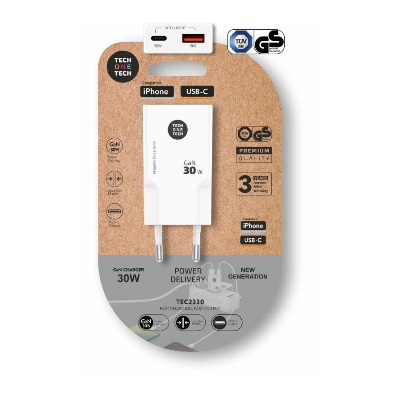 Tech One Tech · Cargador GaN 30W · 1 USB-C + 1 USB · Blanco