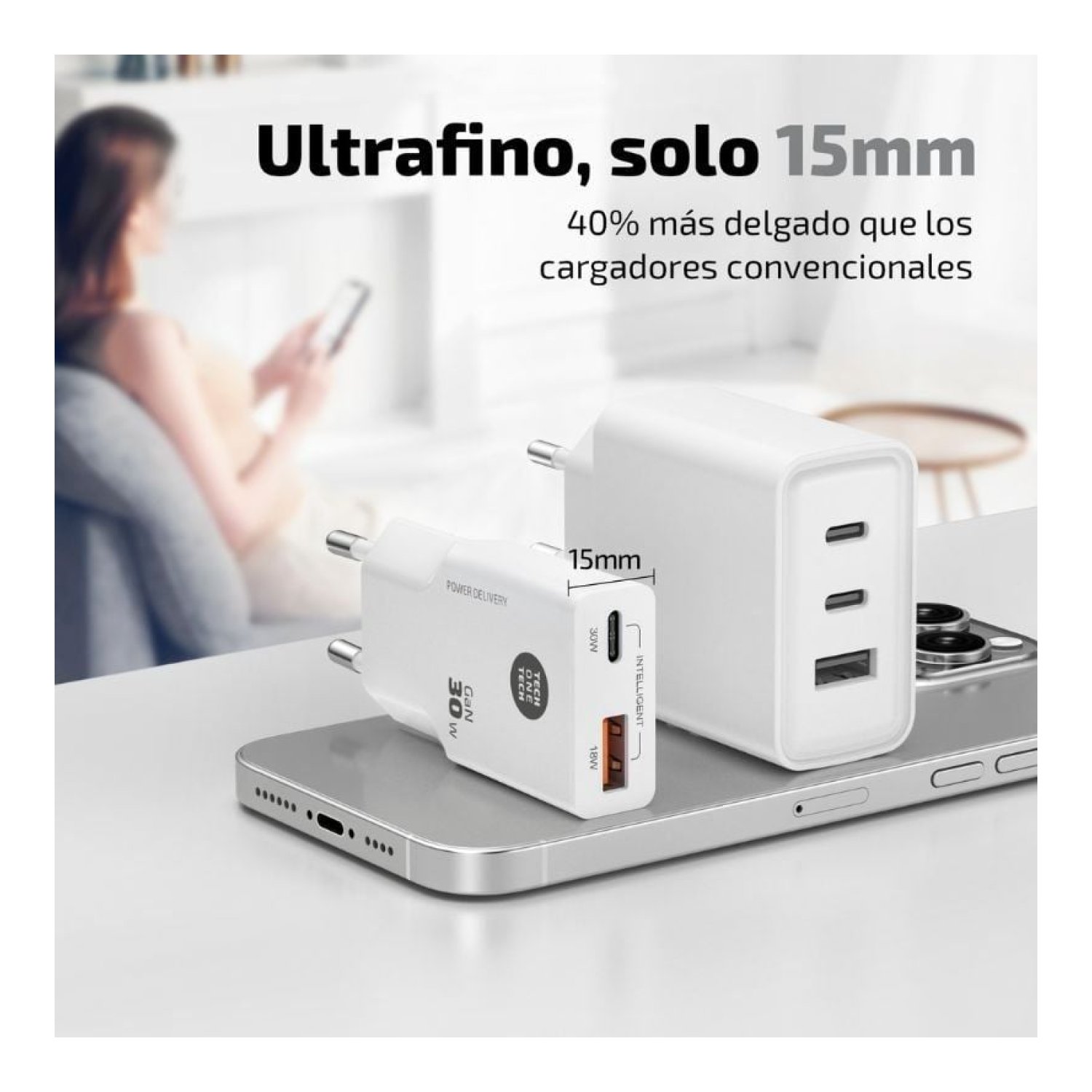 Tech One Tech · Cargador GaN 30W · 1 USB-C + 1 USB · Blanco