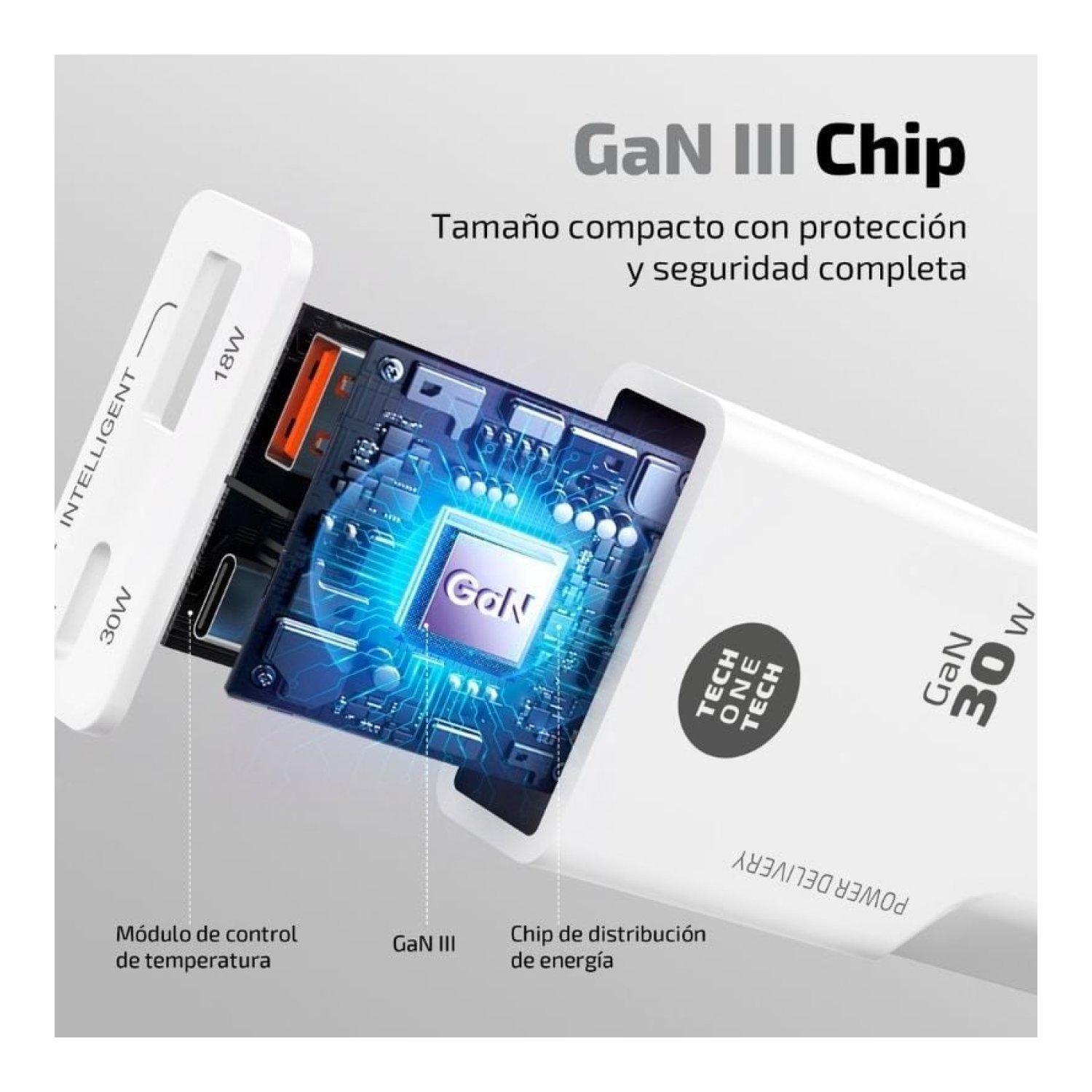 Tech One Tech · Cargador GaN 30W · 1 USB-C + 1 USB · Blanco