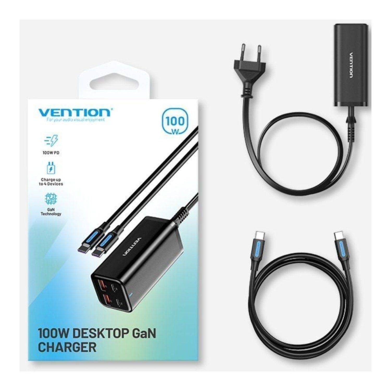 Cargador de Pared Vention FBSBG-EU/ 2xUSB Tipo-C + Cable USB Tipo-C/ 2xUSB/ 100W