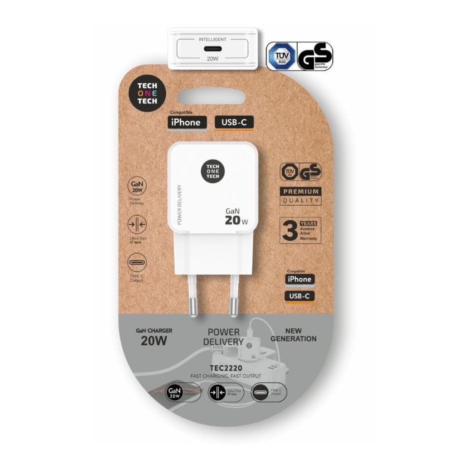 Cargador de Pared GaN Tech One Tech GaN TEC2220/ 1xUSB Tipo-C/ 20W/ Blanco