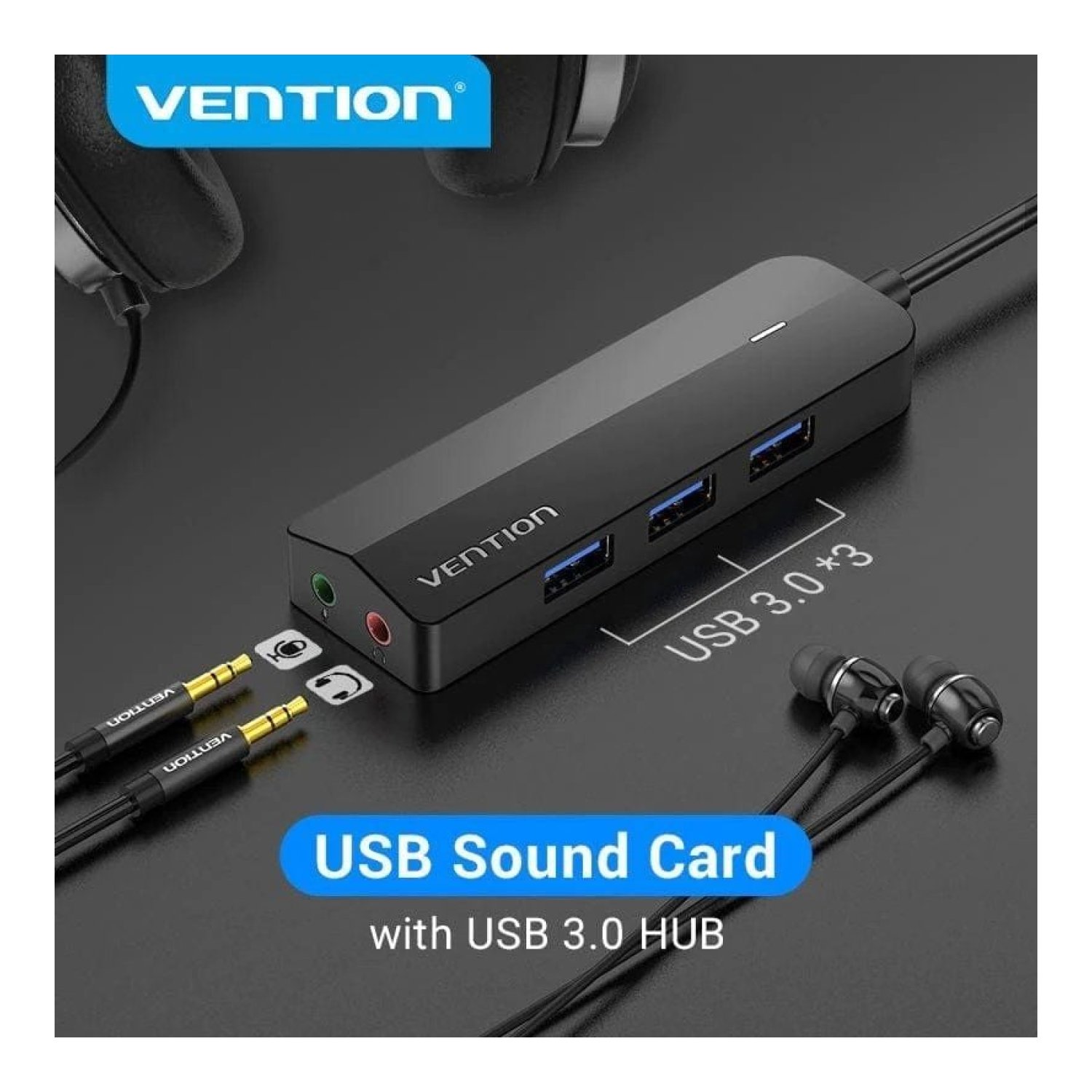 Vention Hub USB 3.0 · Tarjeta de Sonido · 3xUSB · MicroUSB PD