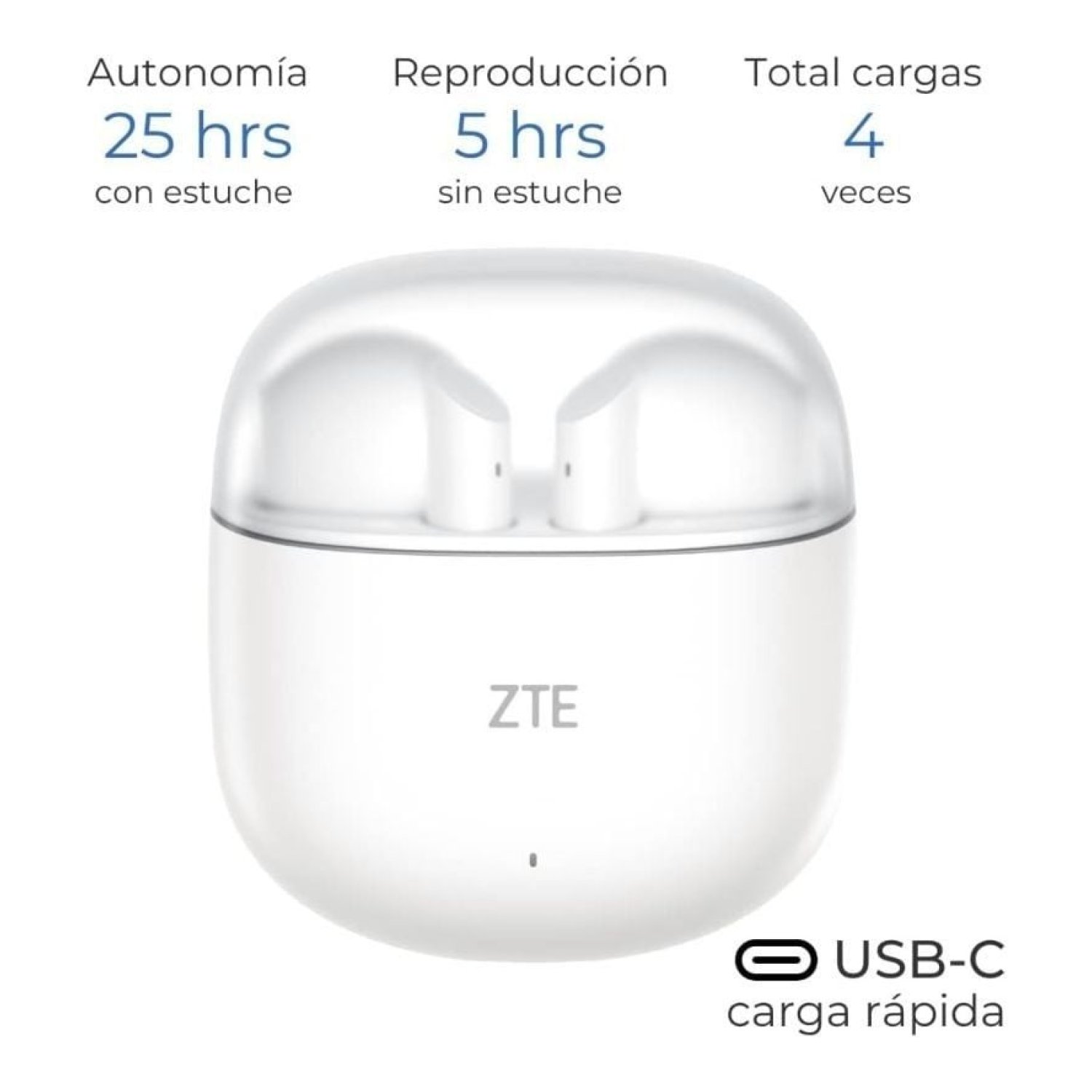 ZTE Buds 2 · Auriculares Bluetooth · Autonomía 5h · Estuche de Carga · Blancos