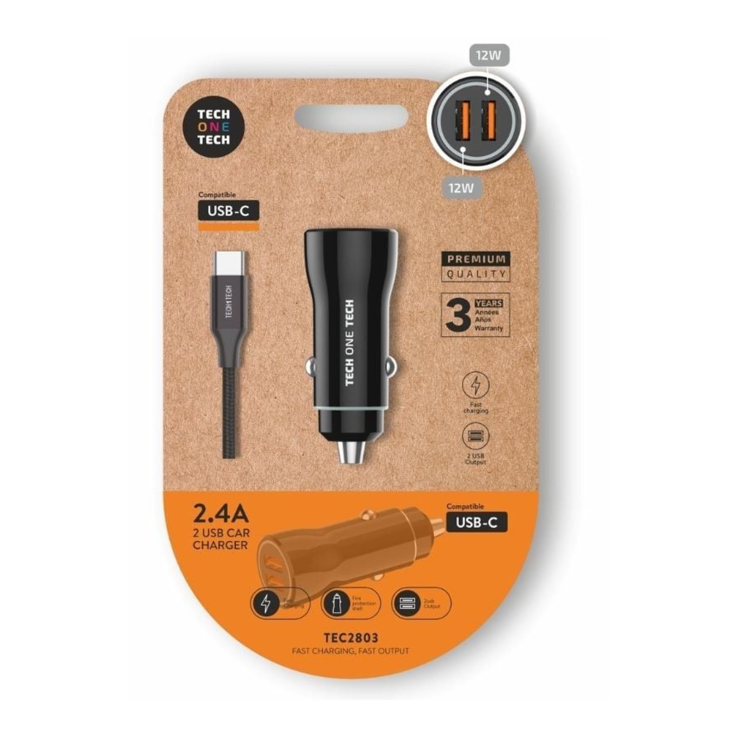 Tech One Tech · Cargador Coche 12W · 2xUSB + USB Tipo-C