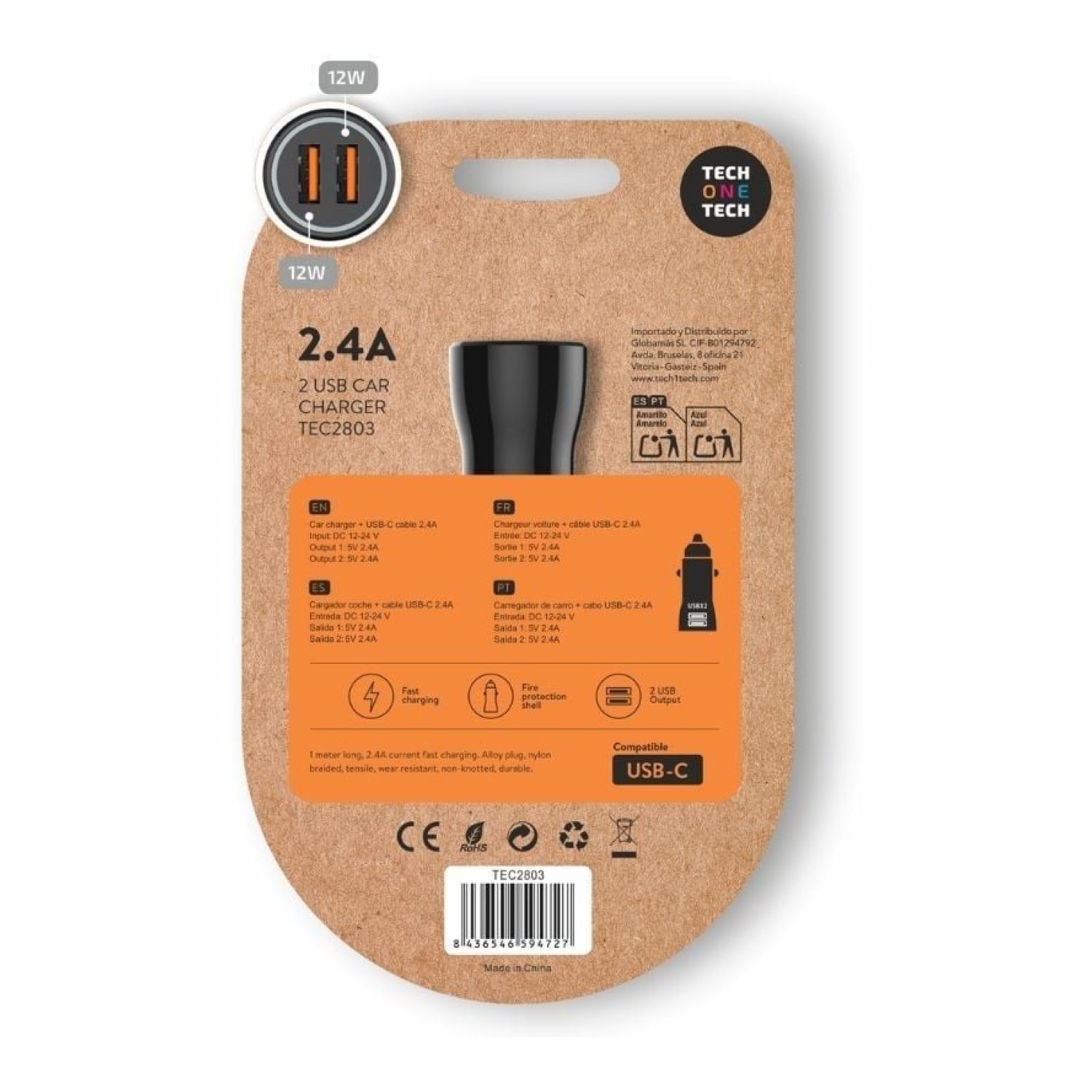 Tech One Tech · Cargador Coche 12W · 2xUSB + USB Tipo-C