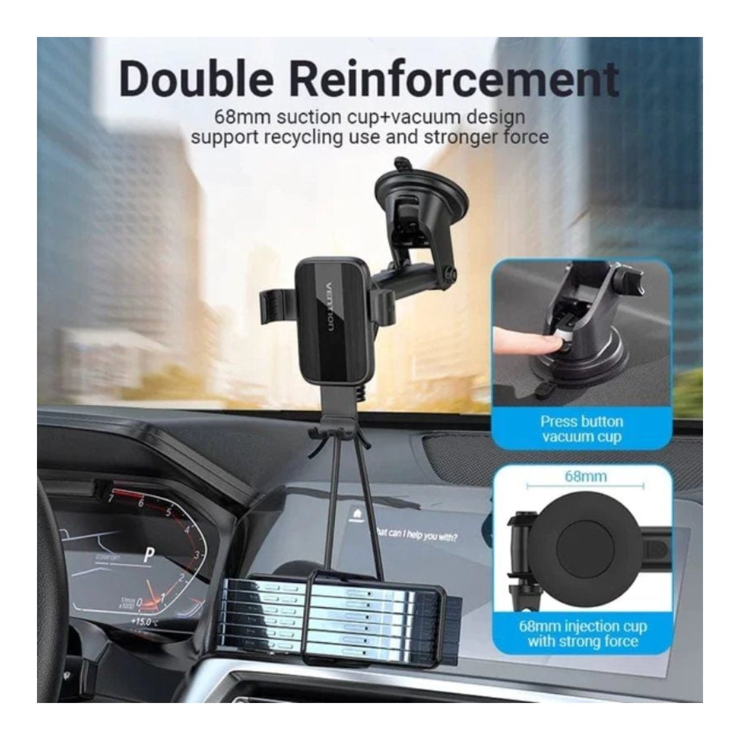 Vention · Soporte Smartphone Coche · Negro · Ventosa Ajustable