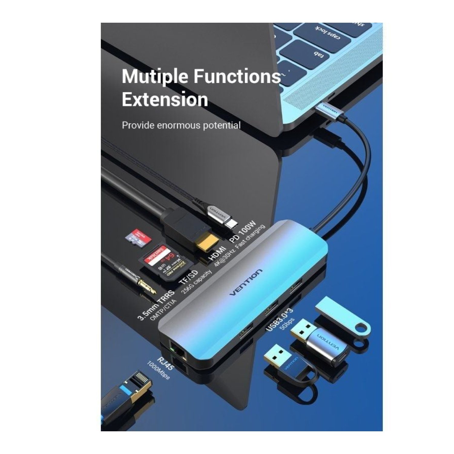Vention Docking USB Tipo-C · HDMI 4K · 3xUSB · Ethernet · Lector SD · Jack 3.5