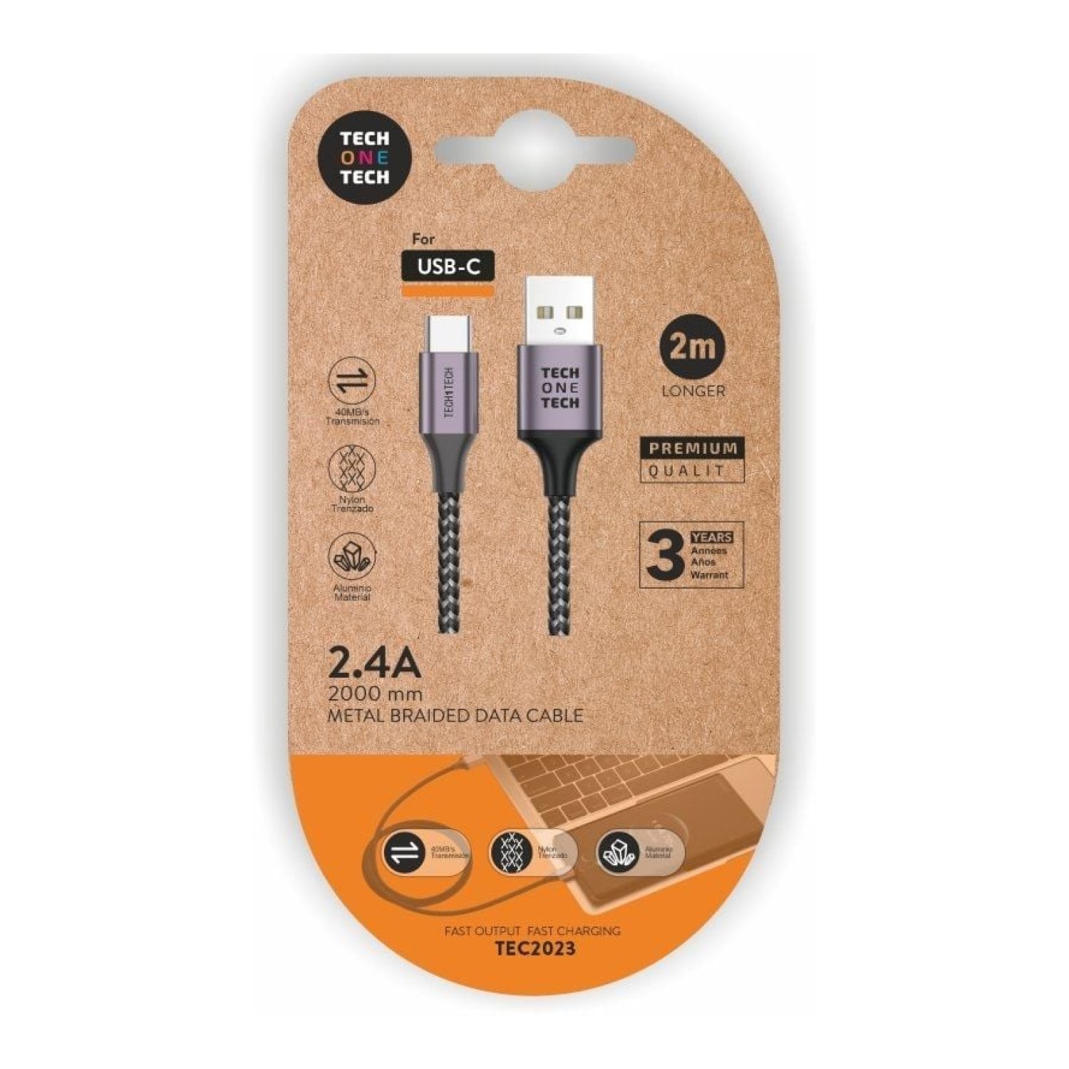 Tech One Tech · Cable USB 2.0 Tipo-C · 2m · Conector Macho-Macho · Gris