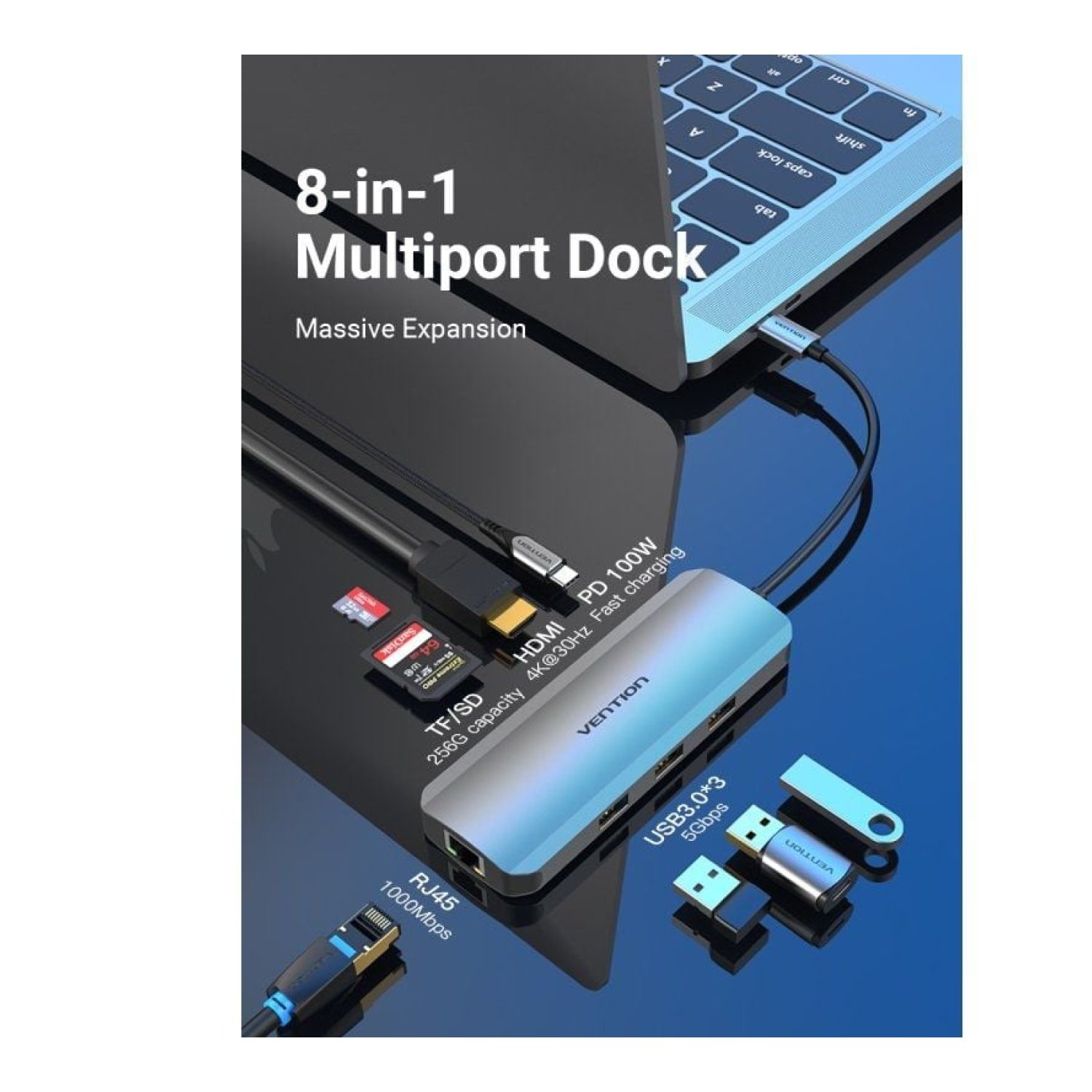Vention Docking USB Tipo-C · HDMI 4K · 3xUSB · RJ45 · Lector SD/MicroSD