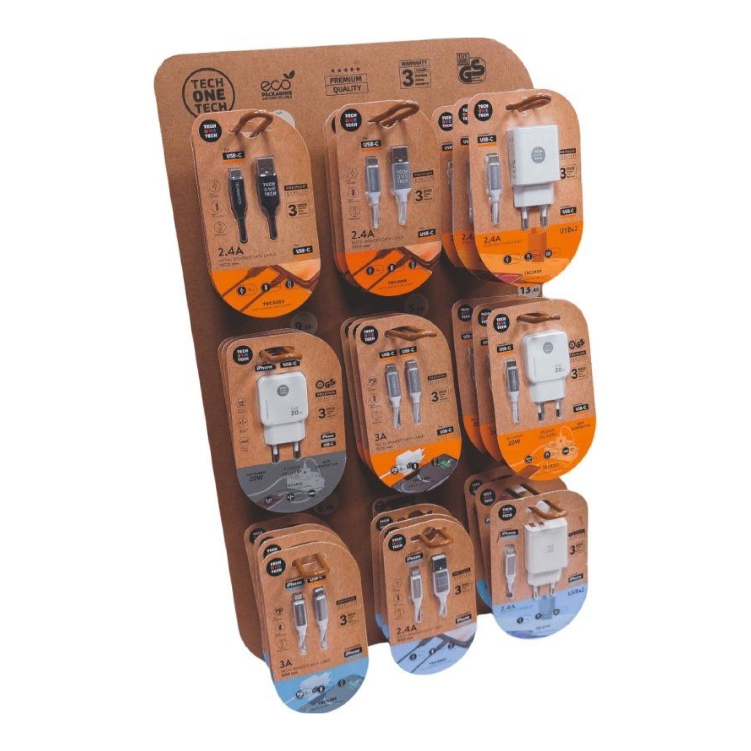 Tech One Tech · Expositor de Cargadores GaN y Cables · 9 Ganchos · 27 Productos Incluidos