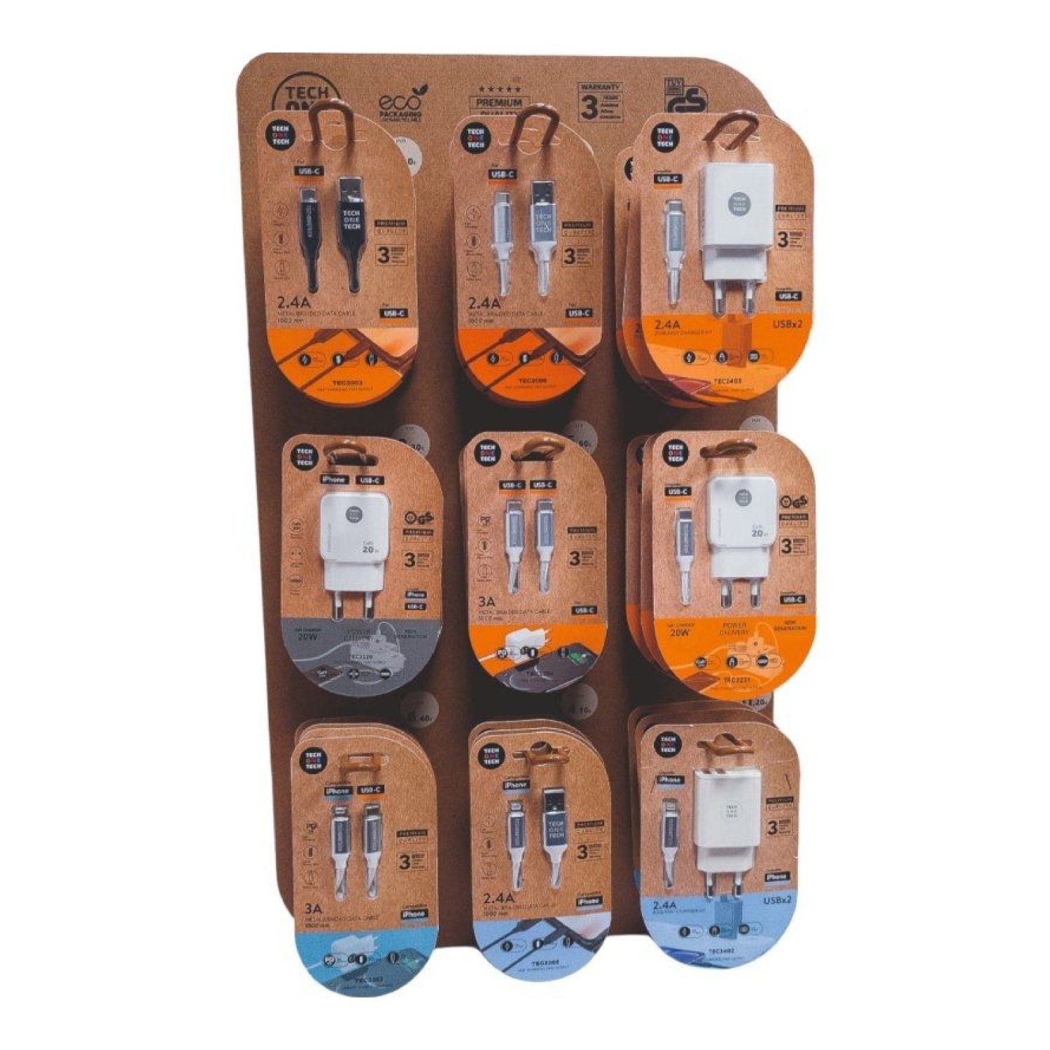 Tech One Tech · Expositor de Cargadores GaN y Cables · 9 Ganchos · 27 Productos Incluidos
