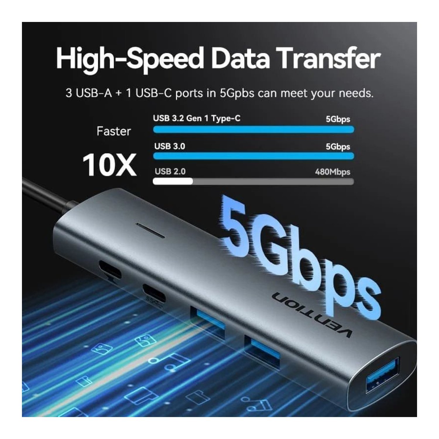 Vention Hub USB 3.0 · 1x USB-C · 3x USB · 1x USB-C PD · Gris